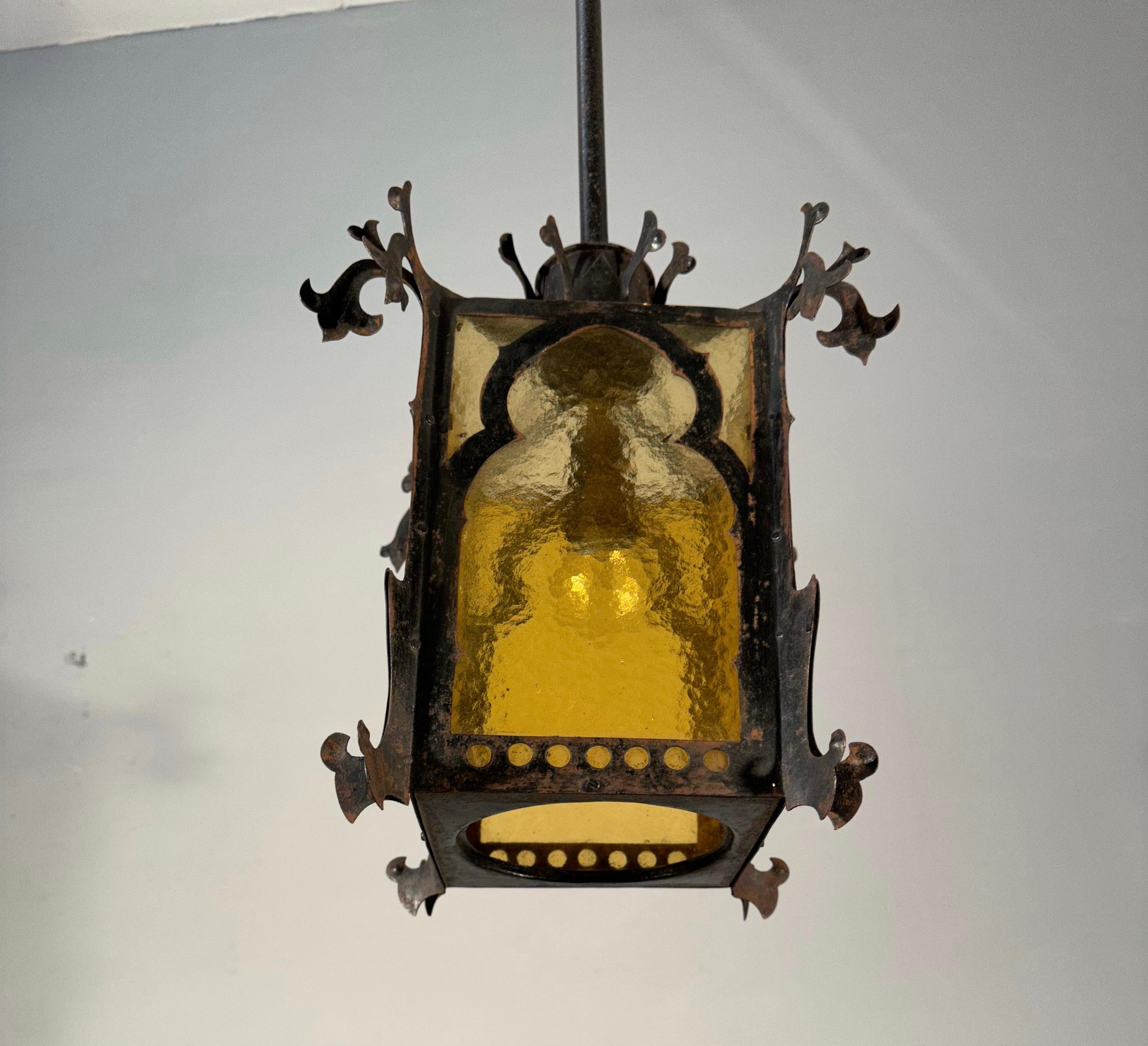Gothic Revival Medieval Style Good Size Iron & Cathedral Glass Lantern / Fixture For Sale 7