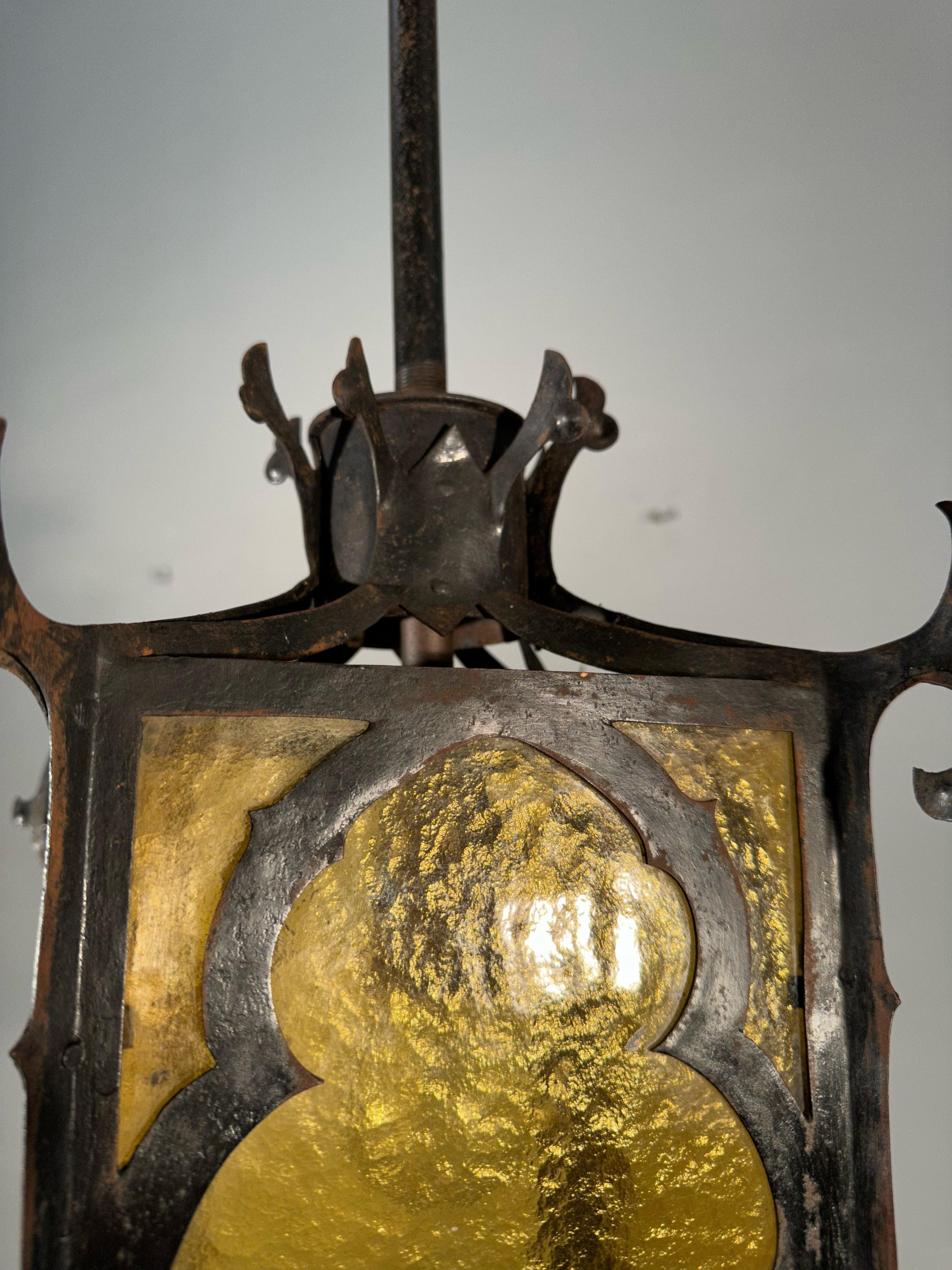 Gothic Revival Medieval Style Good Size Iron & Cathedral Glass Lantern / Fixture For Sale 8