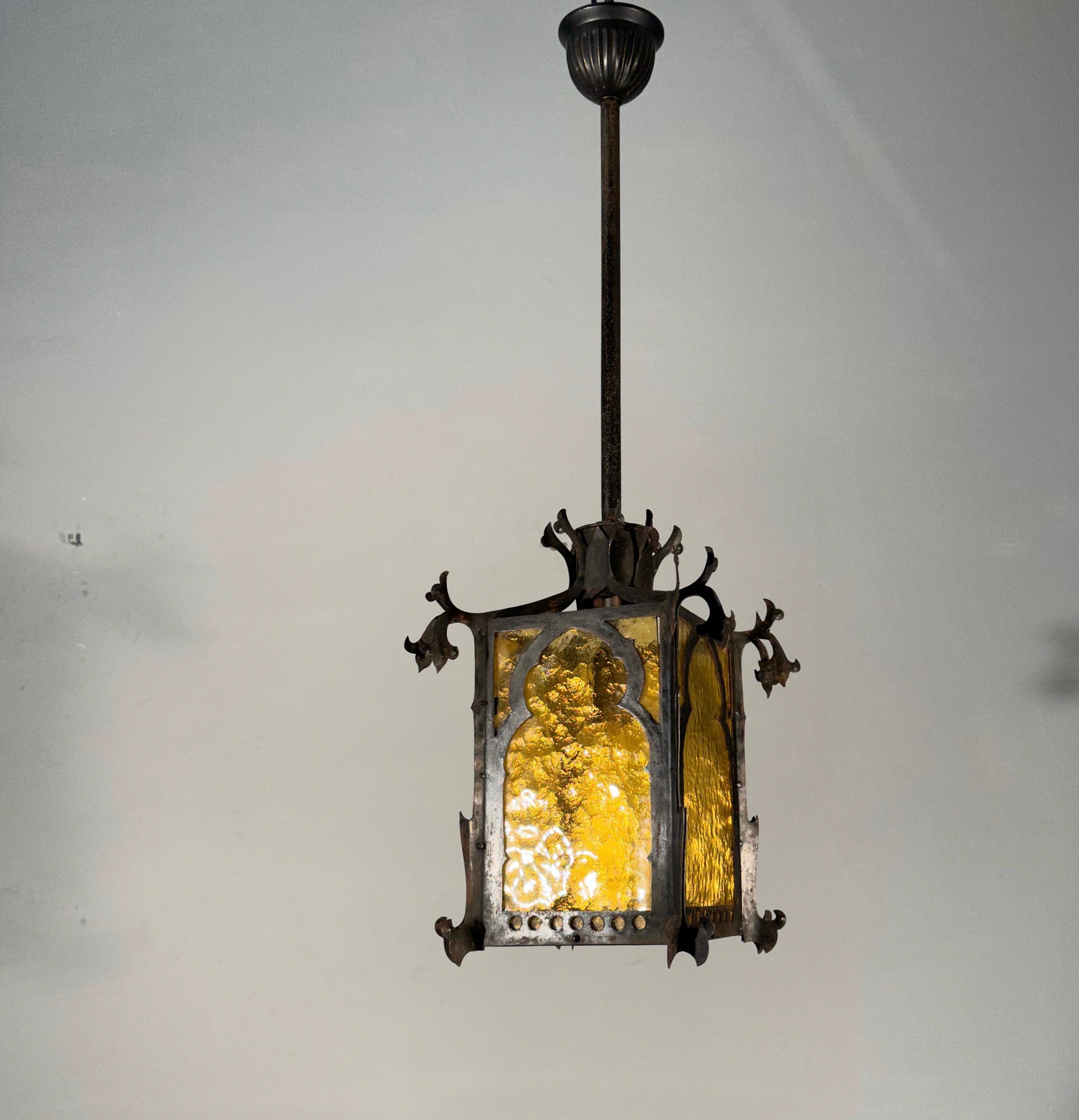 Gothic Revival Medieval Style Good Size Iron & Cathedral Glass Lantern / Fixture For Sale 9