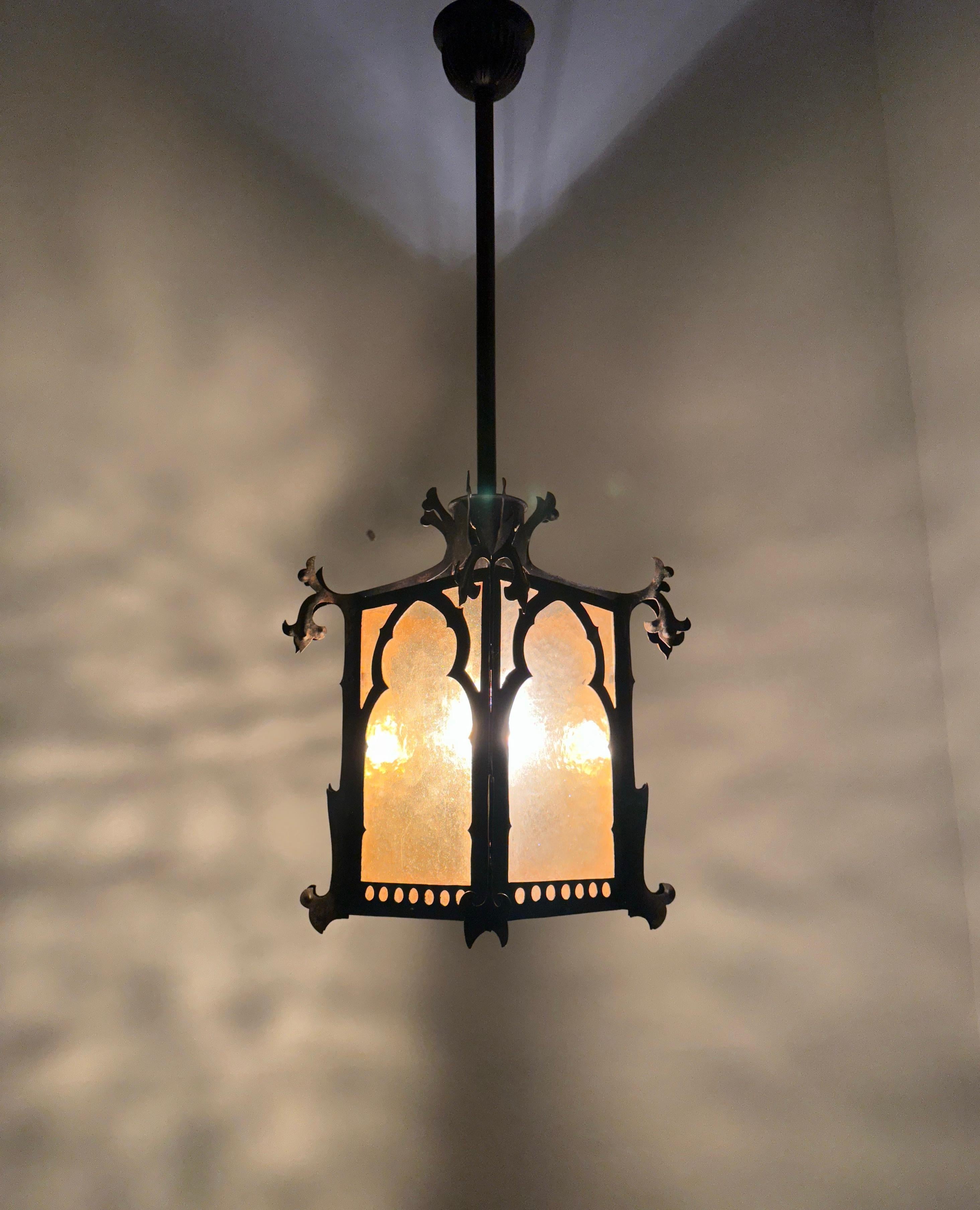Gothic Revival Medieval Style Good Size Iron & Cathedral Glass Lantern / Fixture For Sale 10