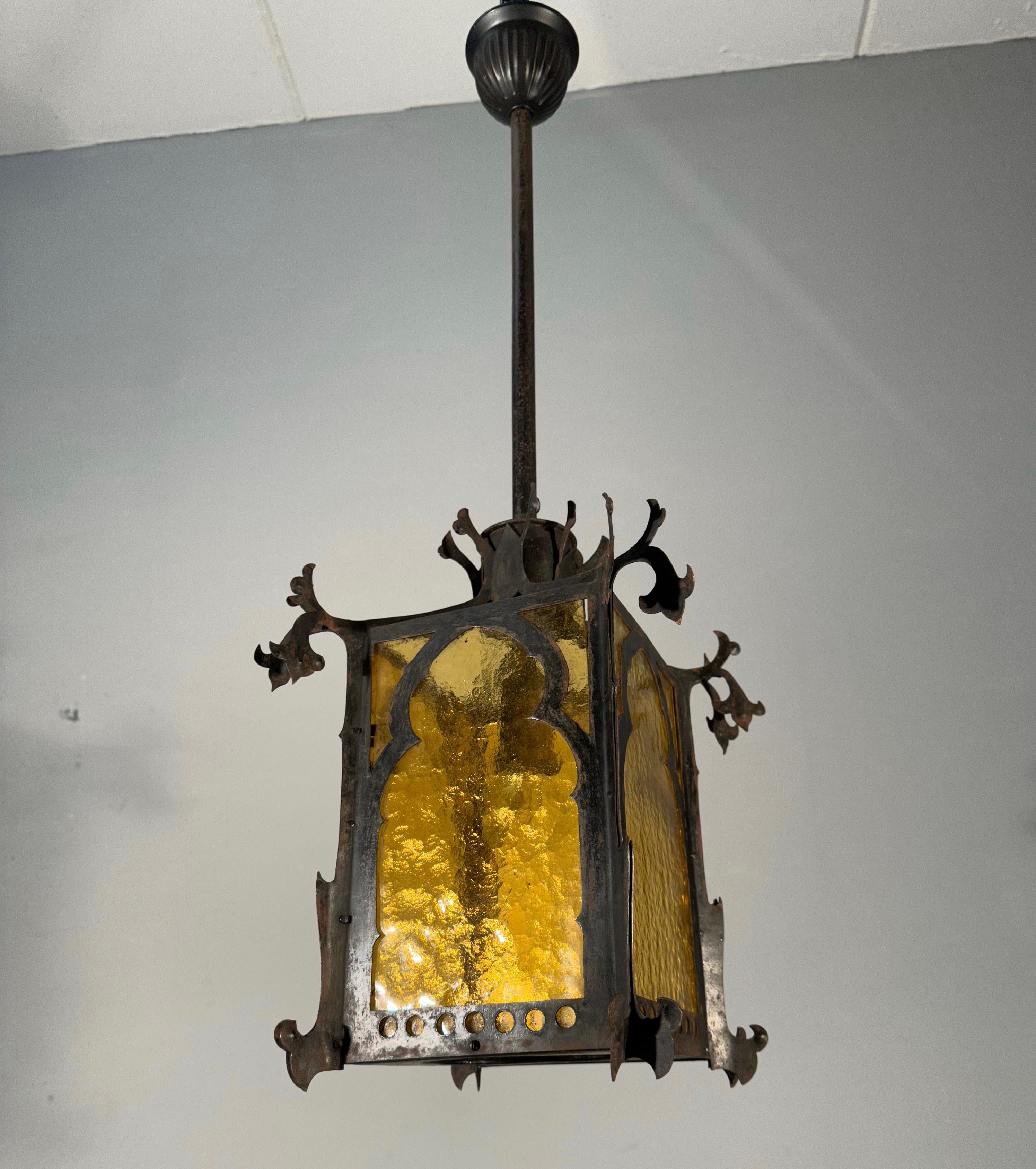 Gothic Revival Medieval Style Good Size Iron & Cathedral Glass Lantern / Fixture For Sale 12