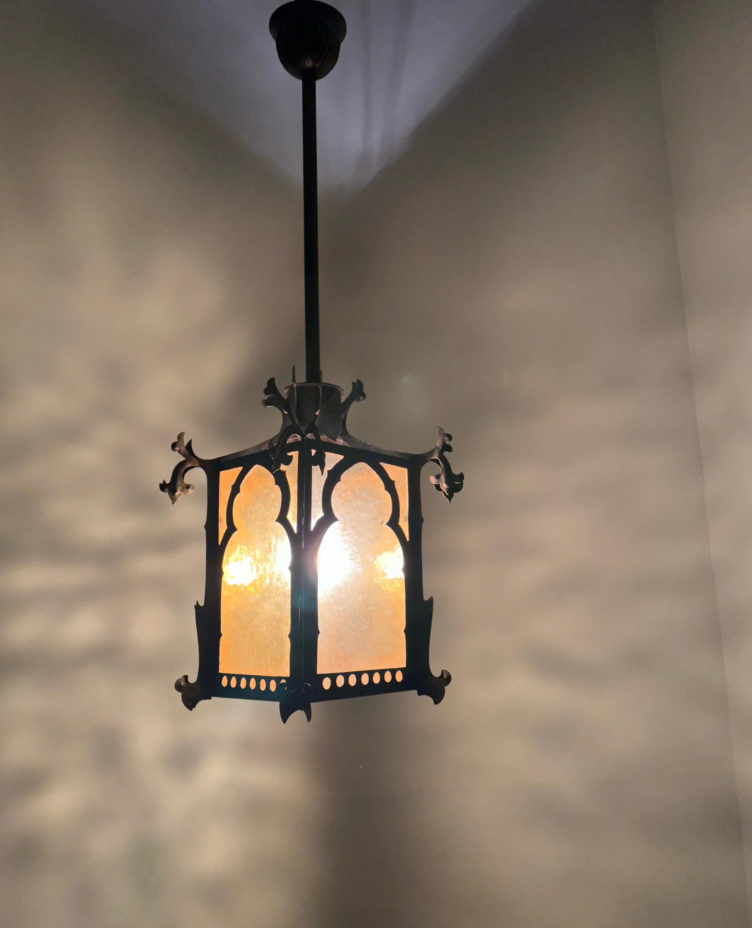 Gothic Revival Medieval Style Good Size Iron & Cathedral Glass Lantern / Fixture For Sale 13