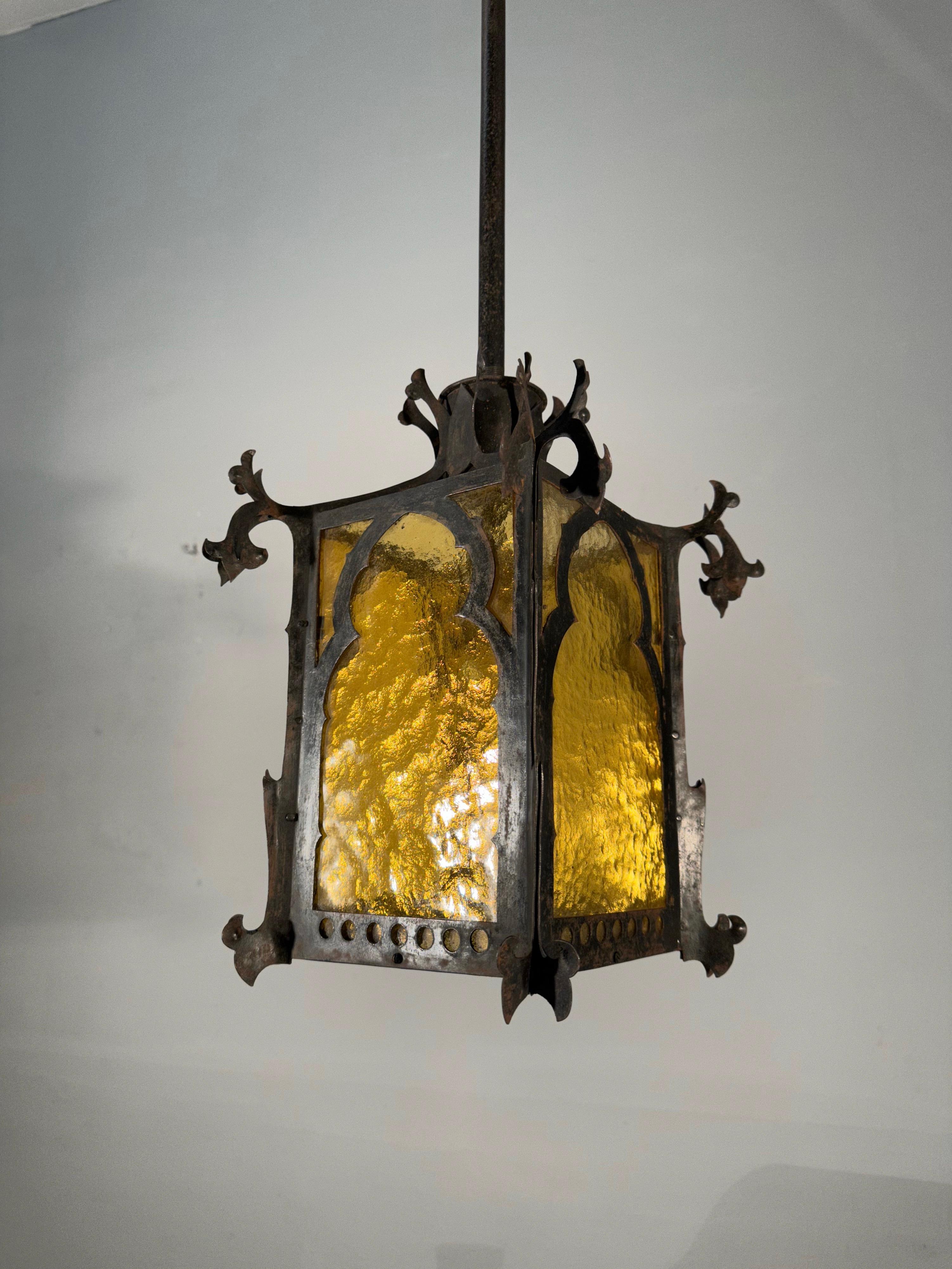 French Gothic Revival Medieval Style Good Size Iron & Cathedral Glass Lantern / Fixture For Sale