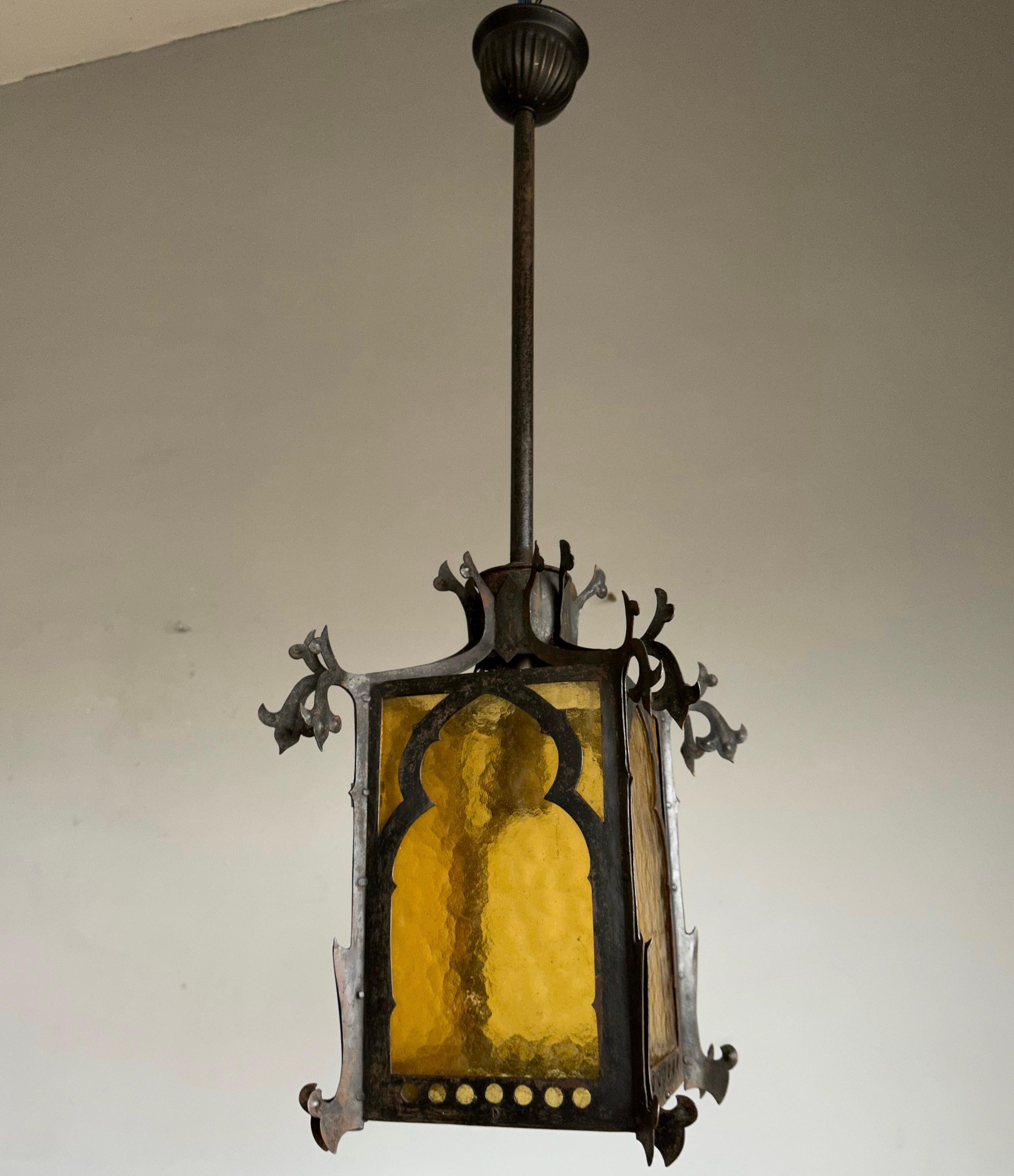 Gothic Revival Medieval Style Good Size Iron & Cathedral Glass Lantern / Fixture For Sale 14