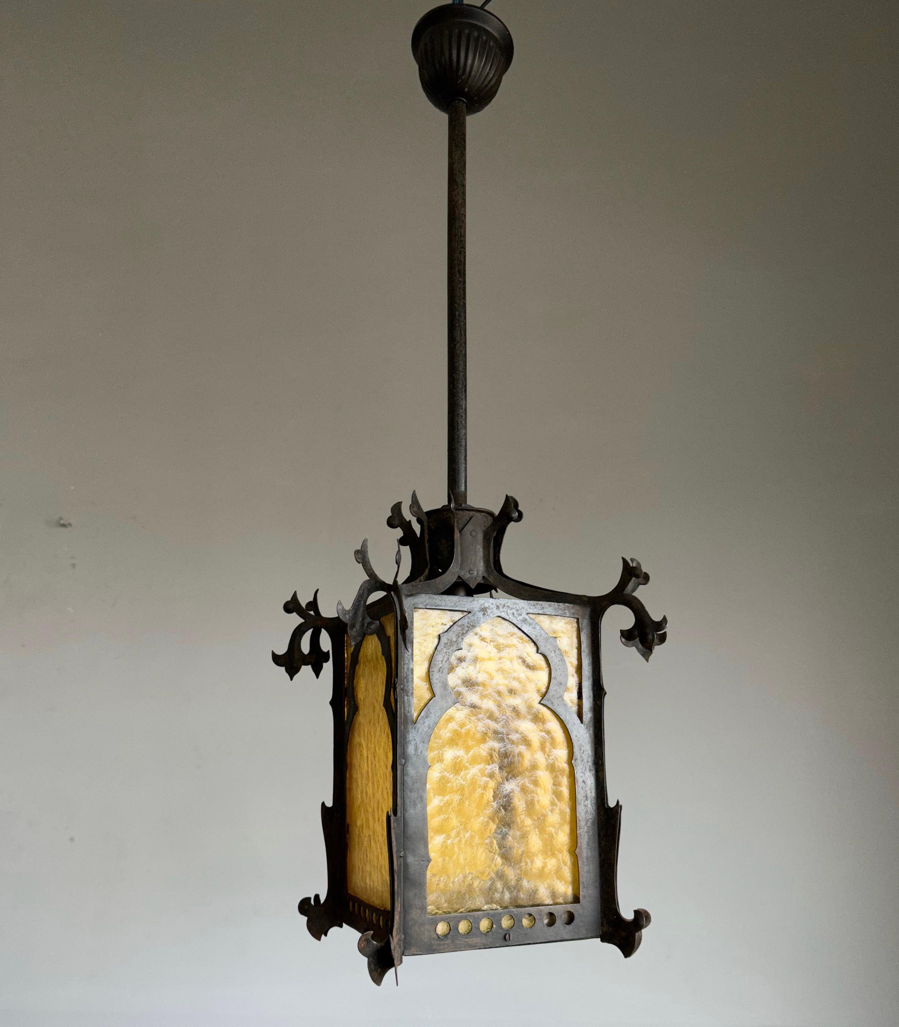 Forged Gothic Revival Medieval Style Good Size Iron & Cathedral Glass Lantern / Fixture For Sale
