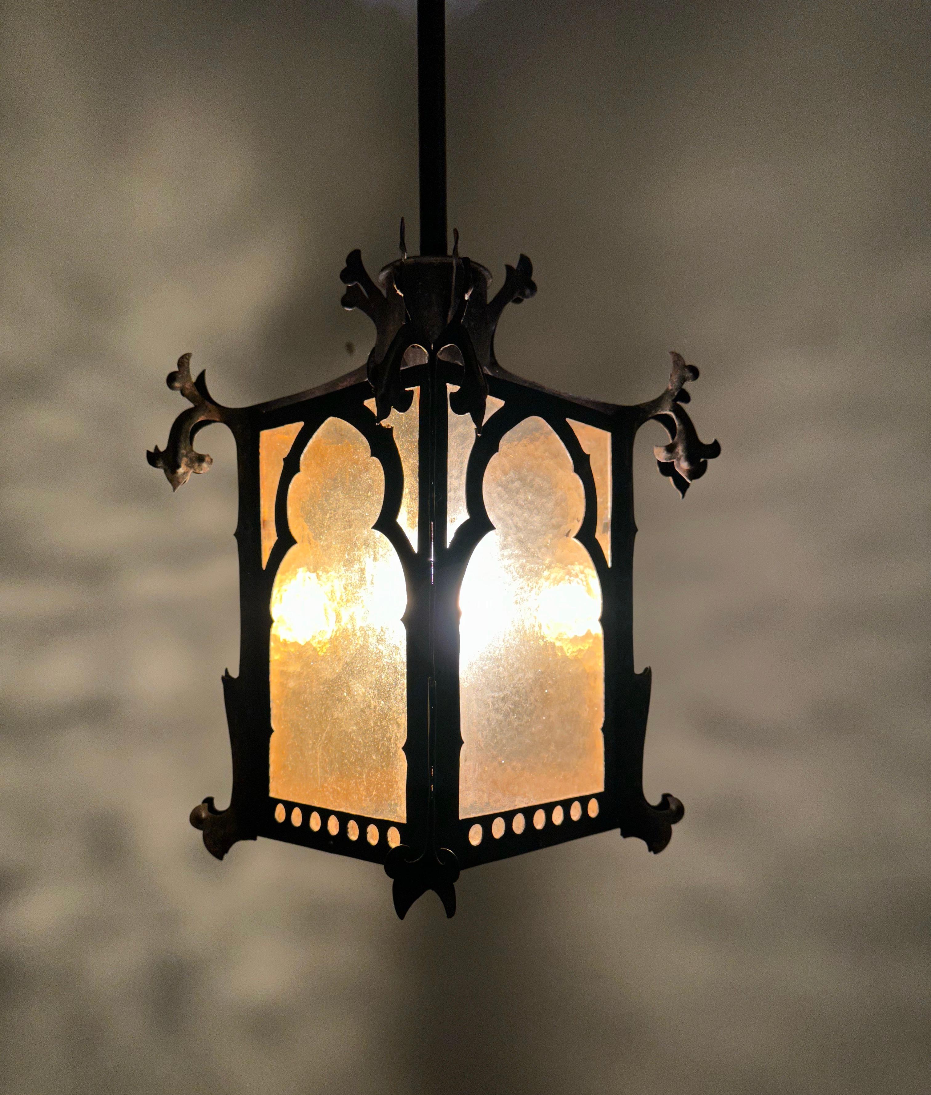 Gothic Revival Medieval Style Good Size Iron & Cathedral Glass Lantern / Fixture For Sale 1