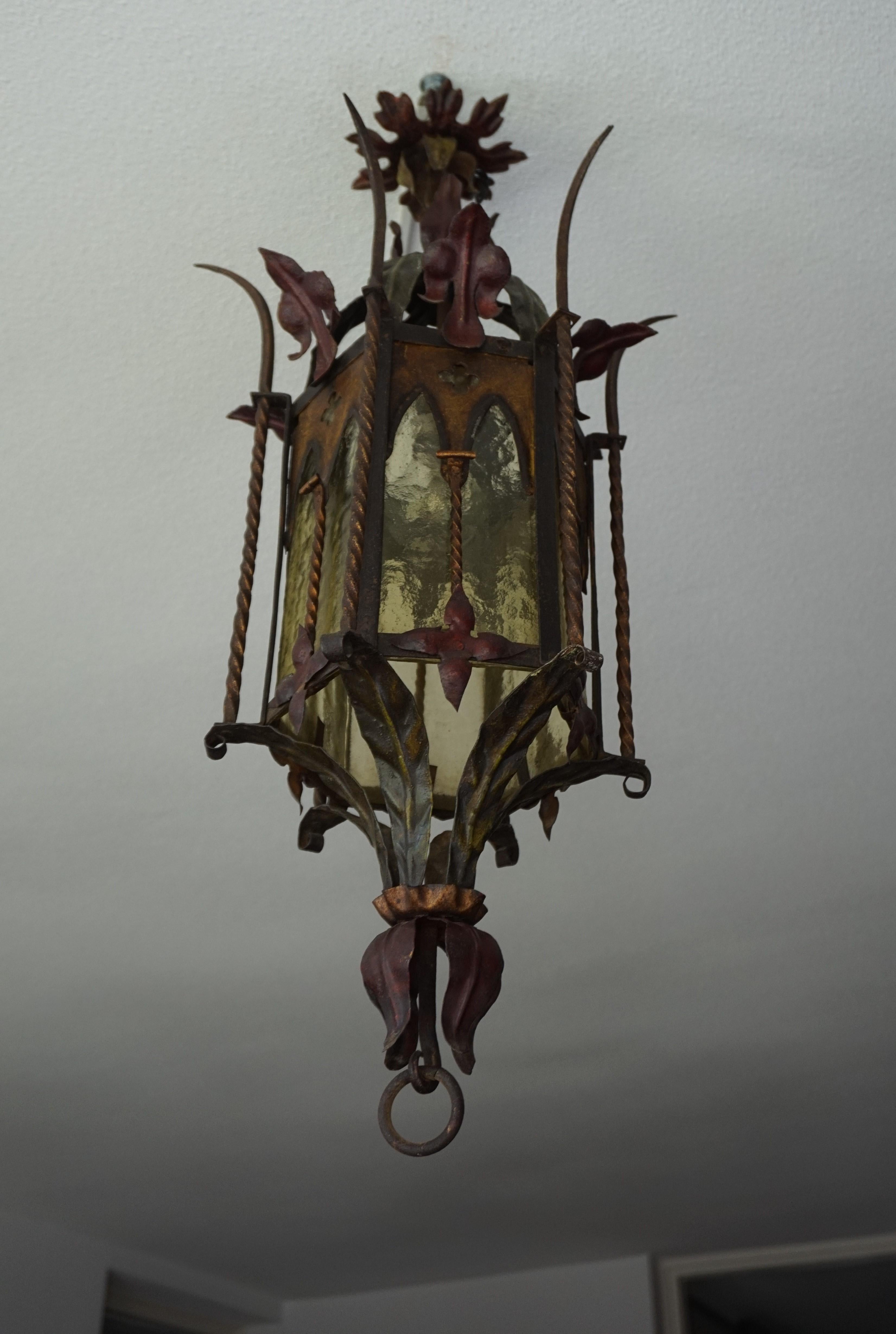 European Gothic Revival Medieval Style, Good Size Wrought Iron & Cathedral Glass Lantern