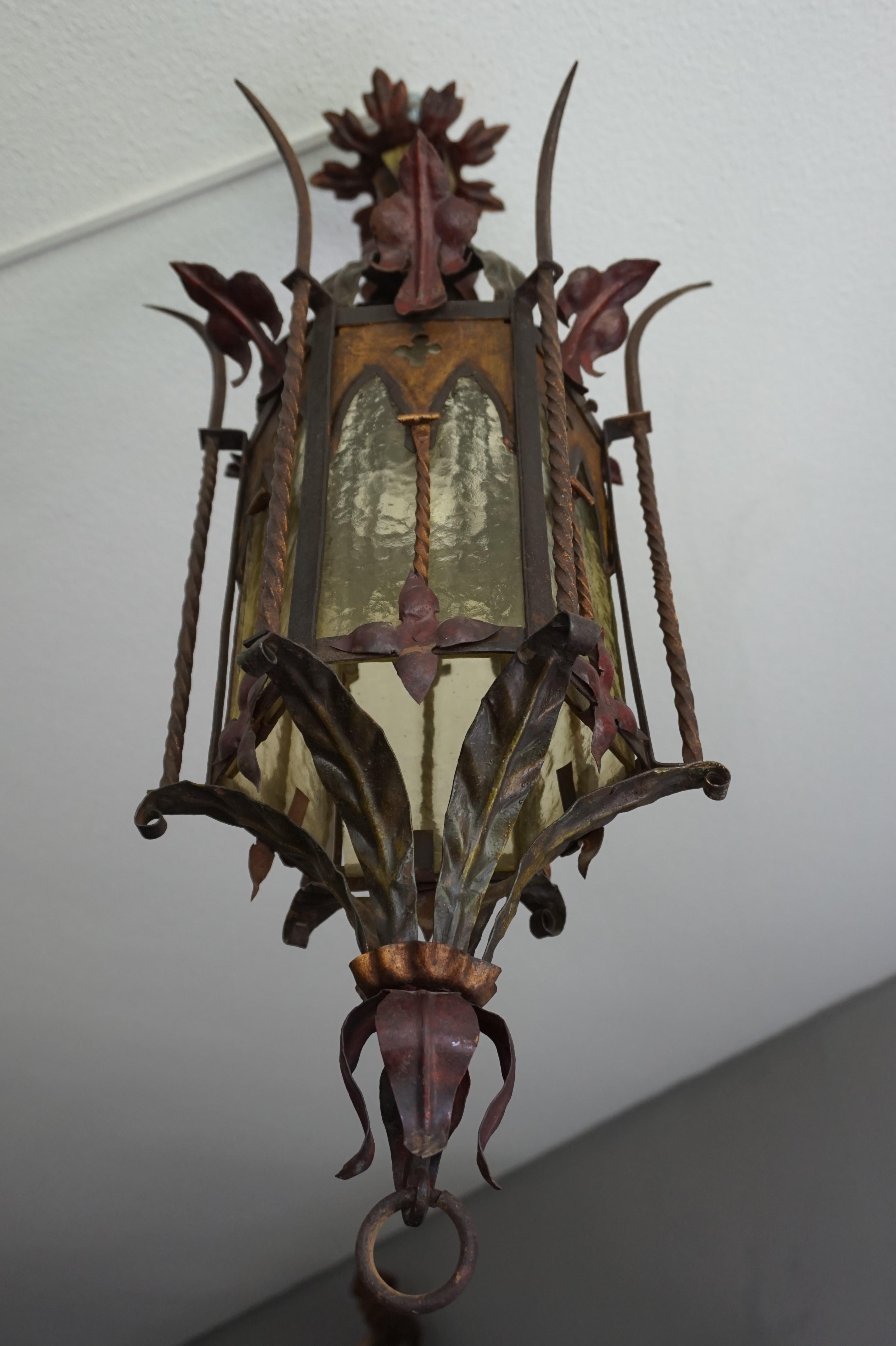 20th Century Gothic Revival Medieval Style, Good Size Wrought Iron & Cathedral Glass Lantern