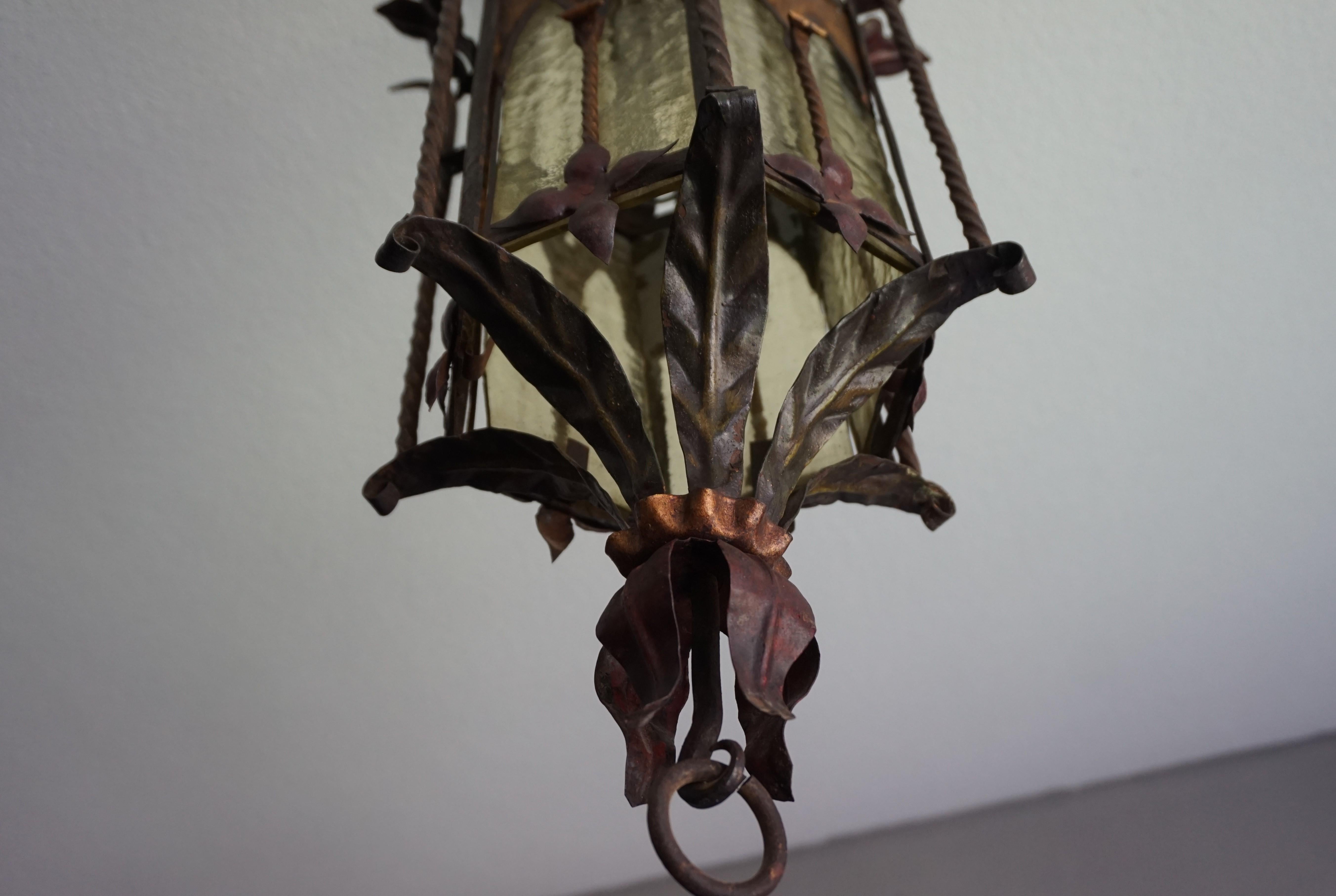 Gothic Revival Medieval Style, Good Size Wrought Iron & Cathedral Glass Lantern 1