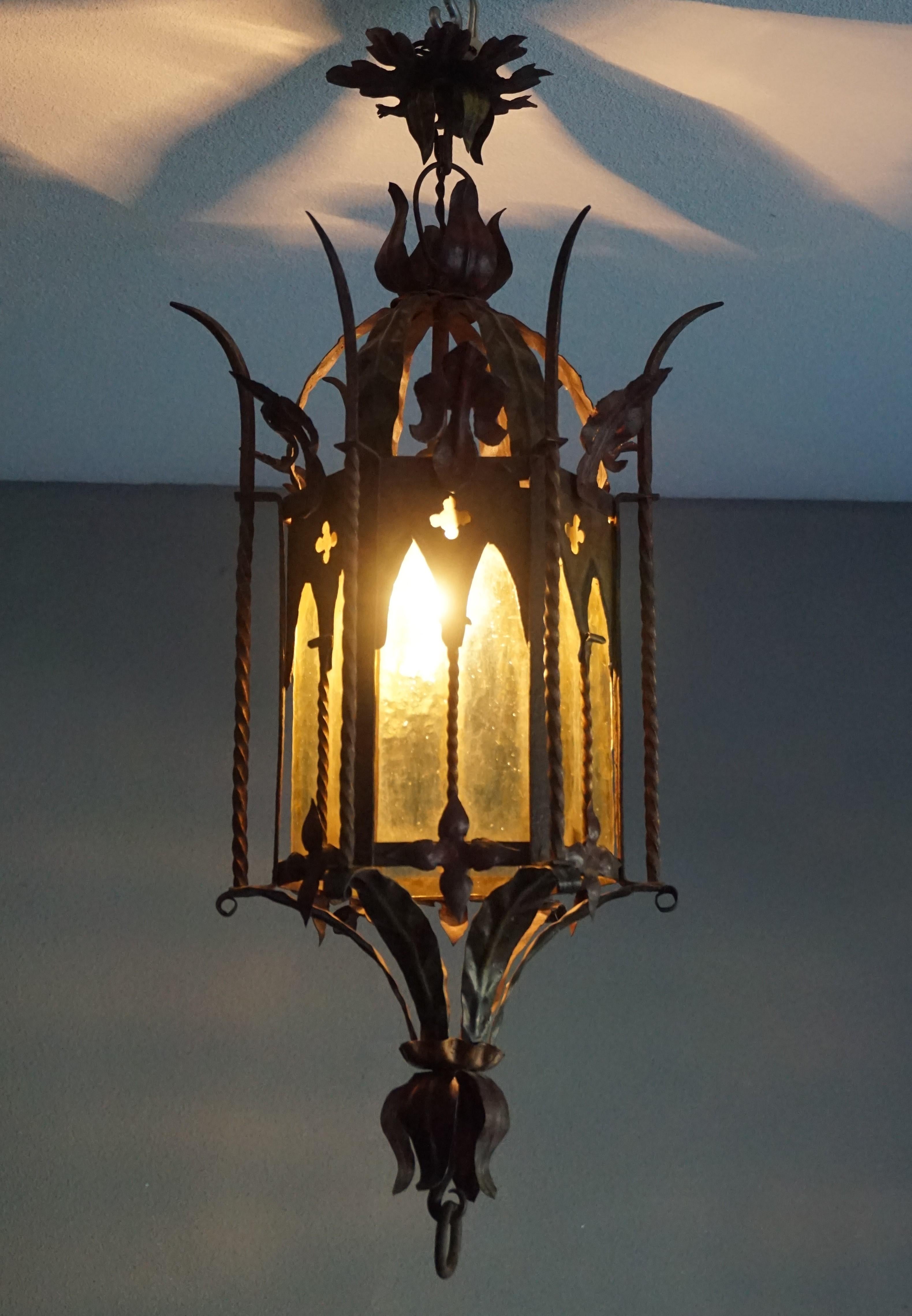 Gothic Revival Medieval Style, Good Size Wrought Iron & Cathedral Glass Lantern 2