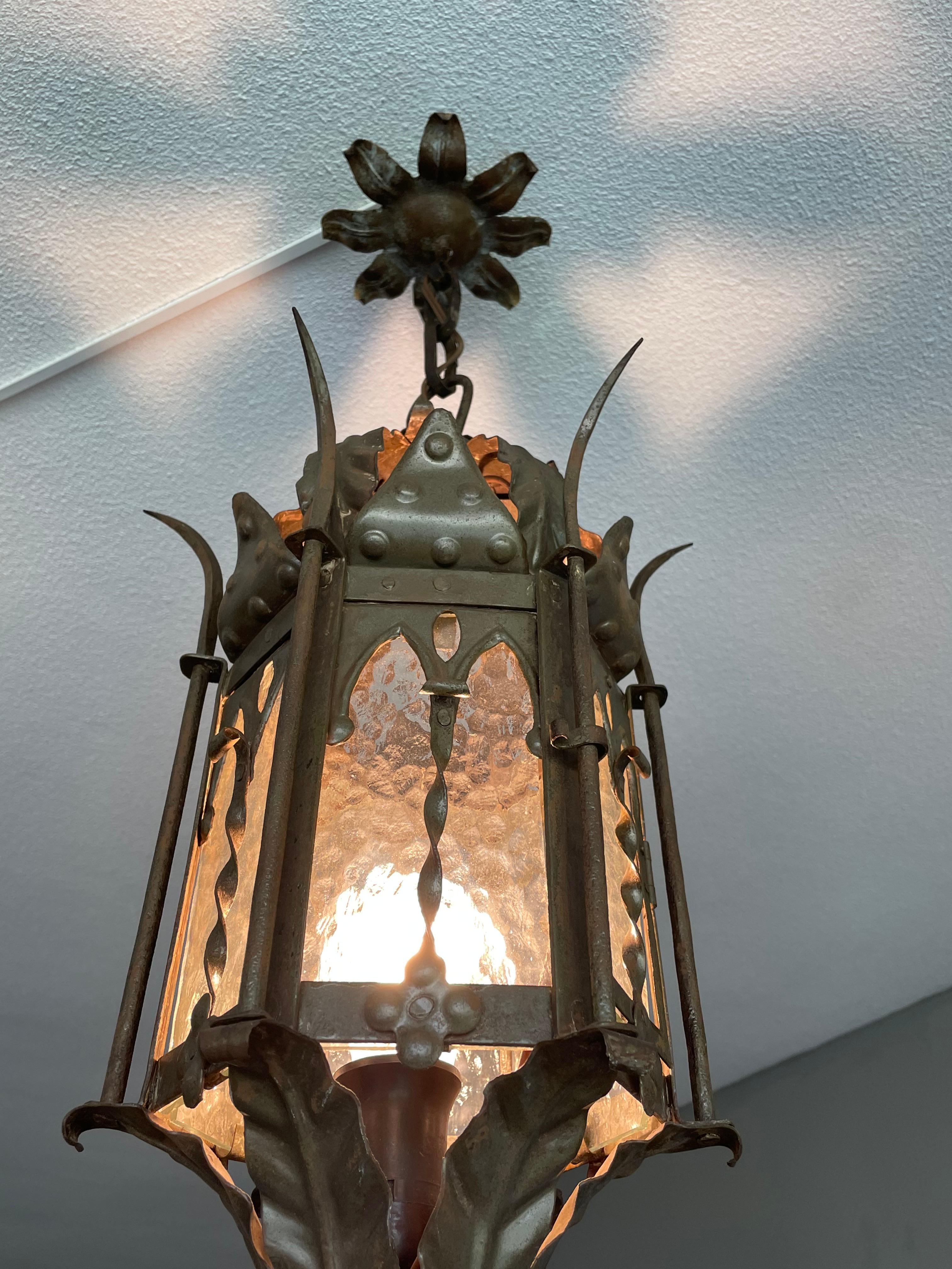 20th Century Gothic Revival Medieval Style, Good Size Wrought Iron & Cathedral Glass Lantern