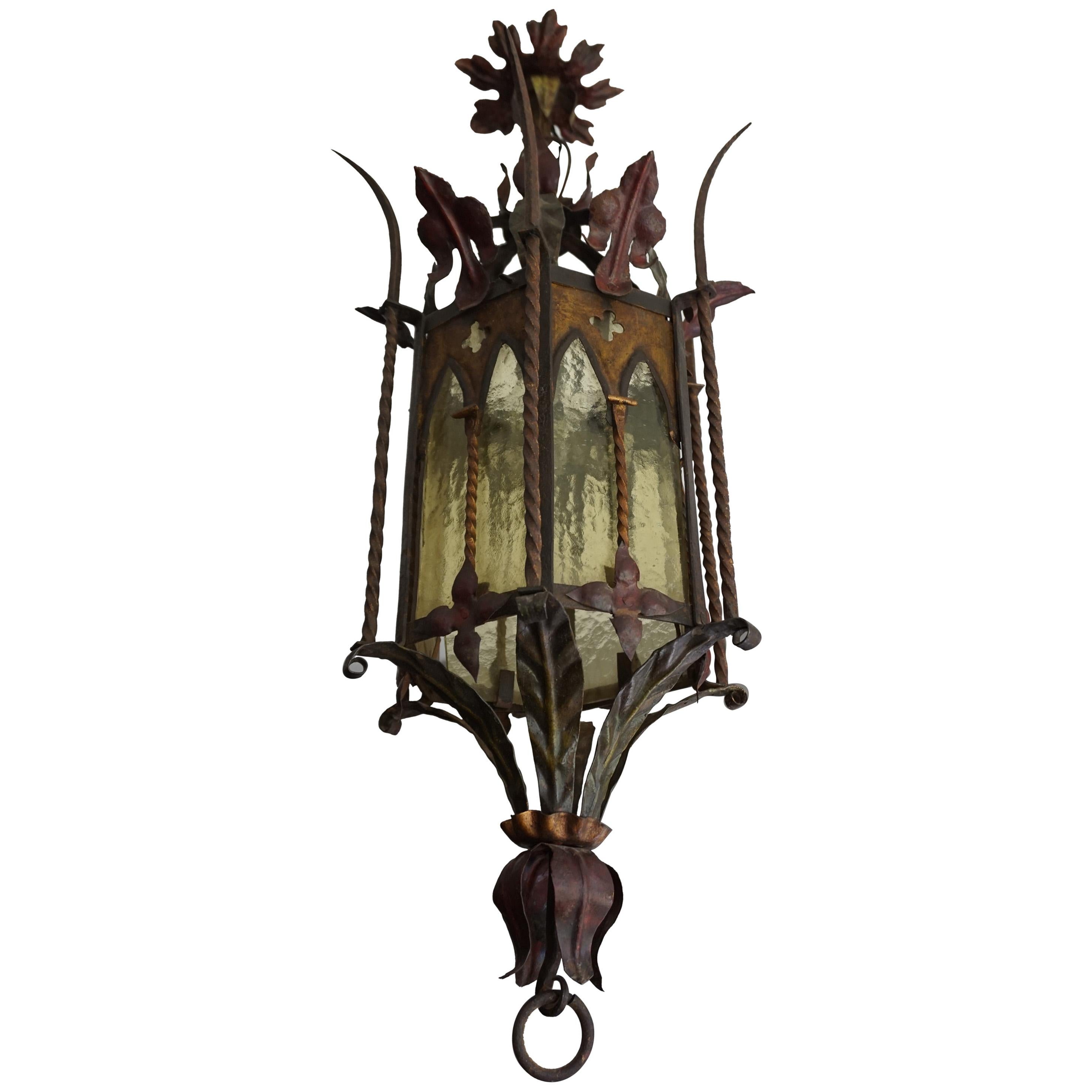 Gothic Revival Medieval Style, Good Size Wrought Iron & Cathedral Glass Lantern