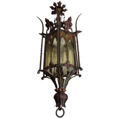 Antique Gothic Revival Medieval Style, Good Size Wrought Iron & Cathedral Glass Lantern