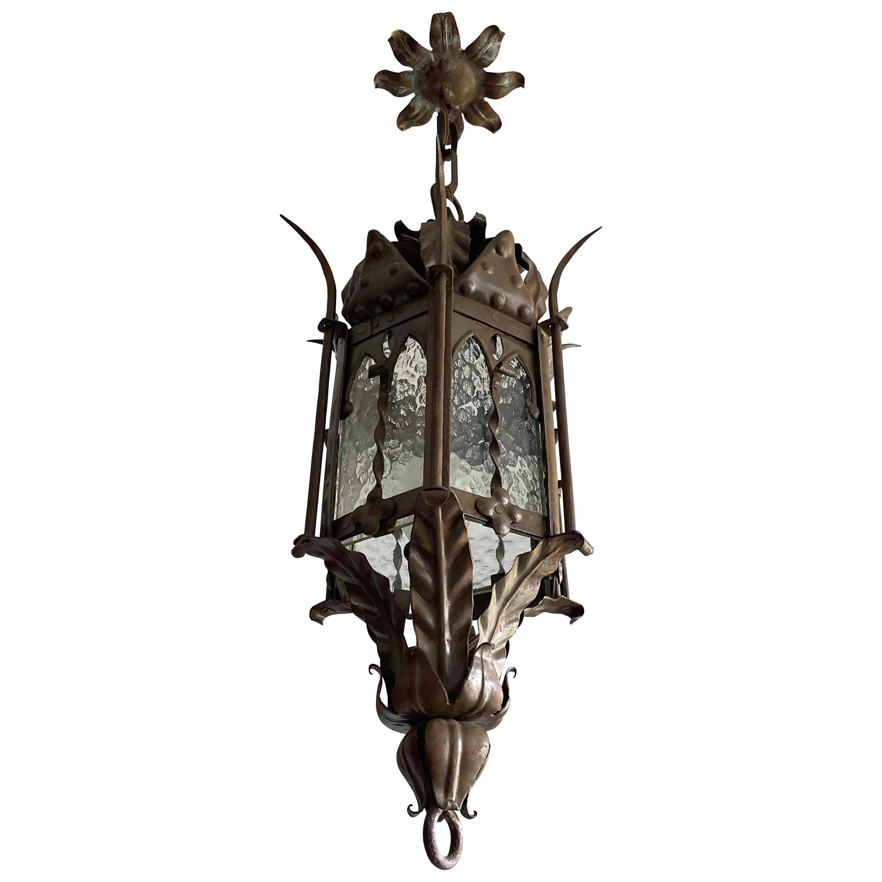 Gothic Revival Medieval Style, Good Size Wrought Iron & Cathedral Glass Lantern