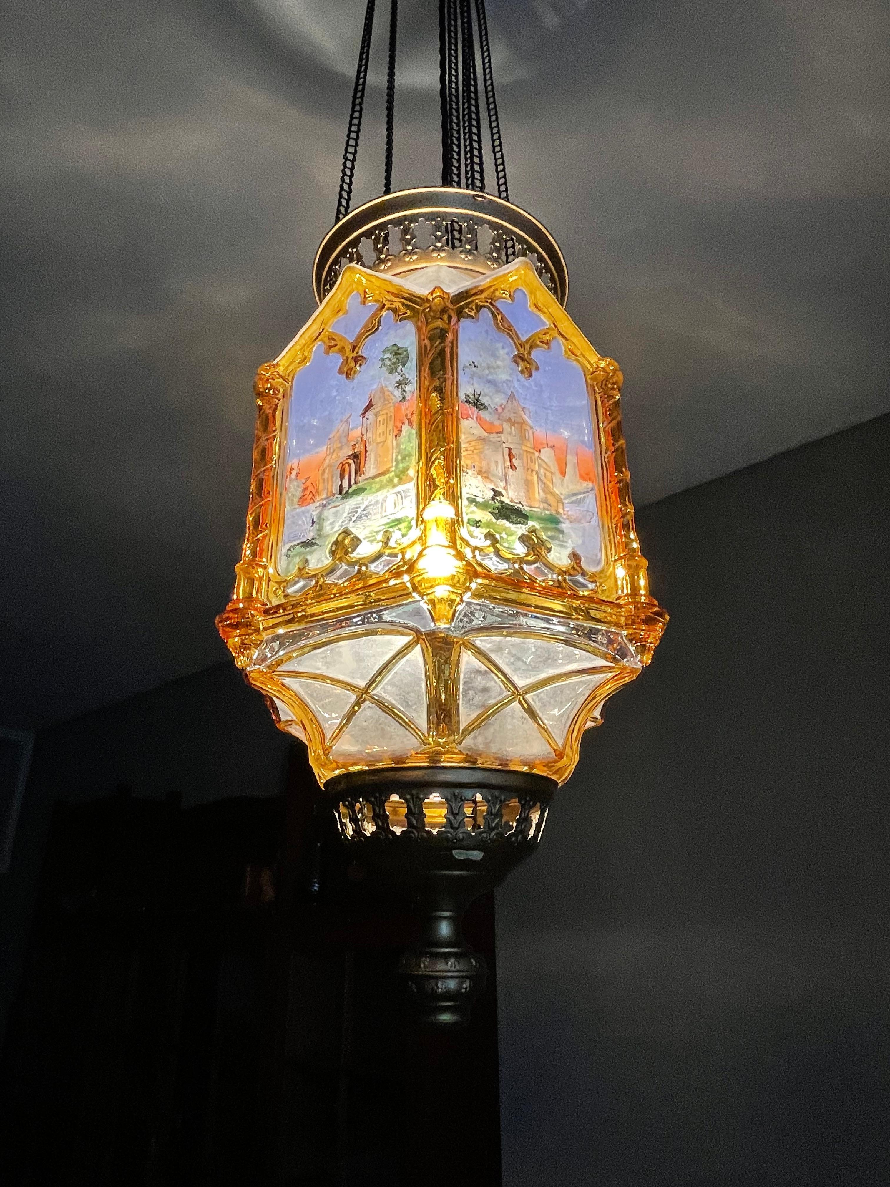 Gothic Revival Medieval Style, Hand Painted Amber Color Glass Lantern / Pendant 7