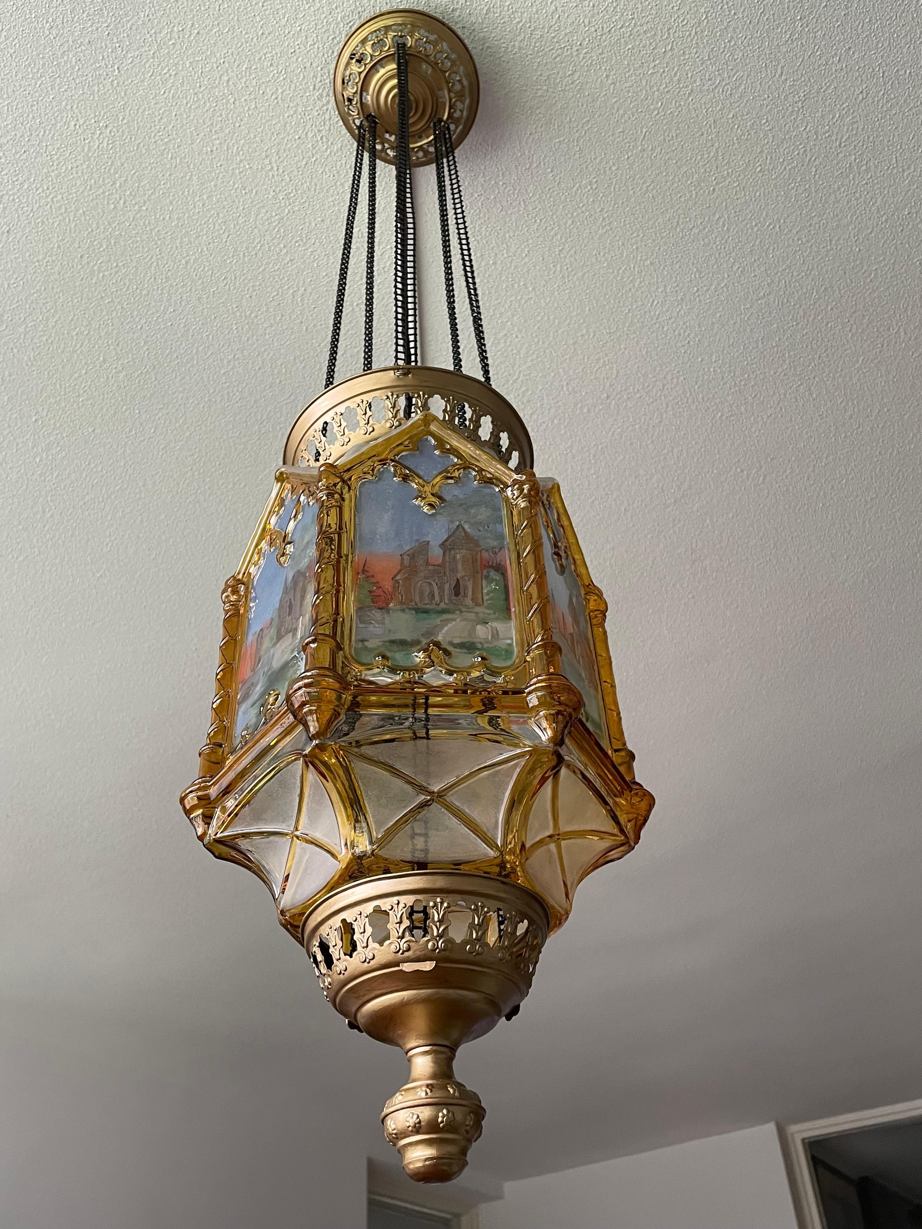 Gothic Revival Medieval Style, Hand Painted Amber Color Glass Lantern / Pendant 8