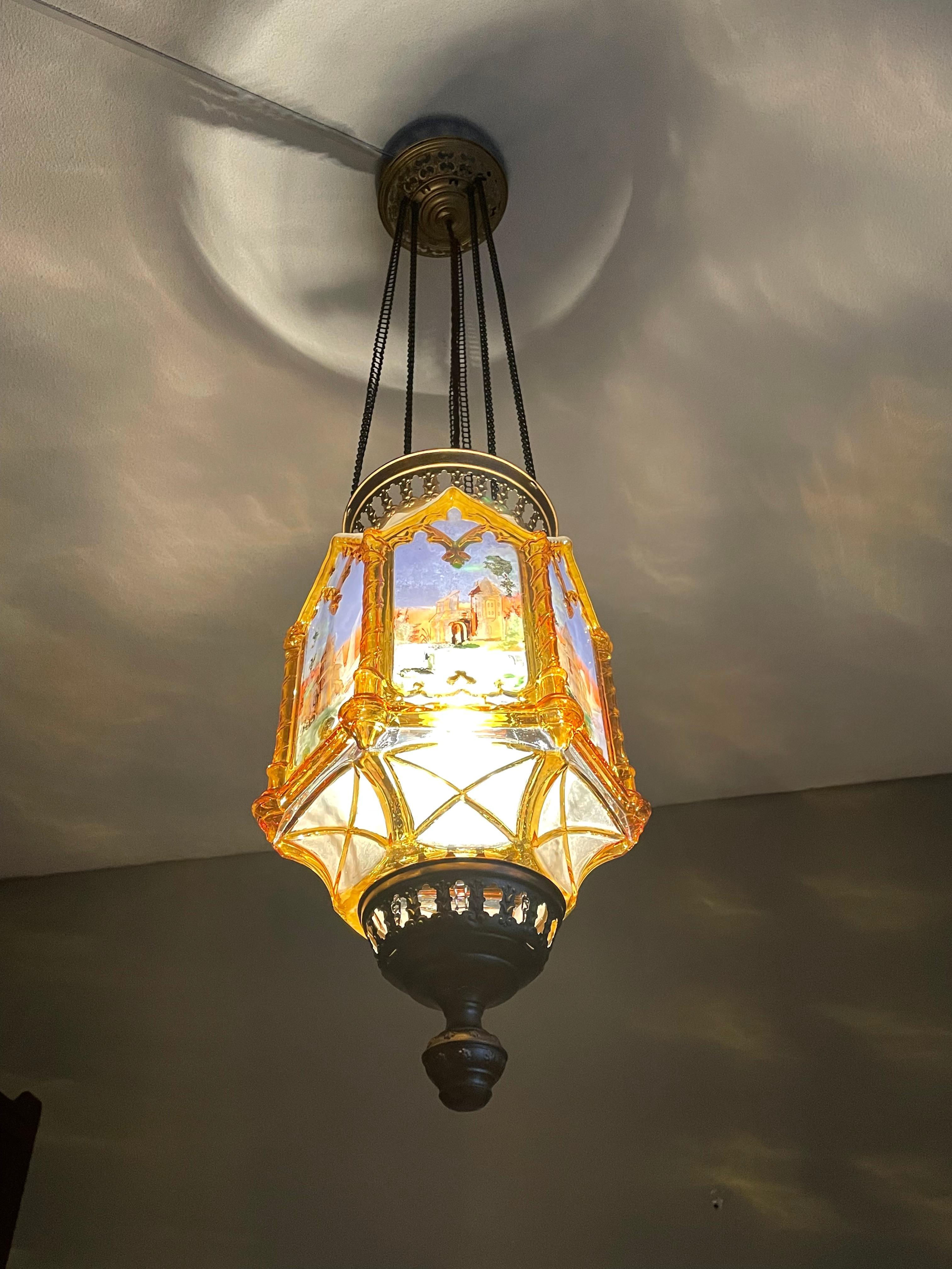 Gothic Revival Medieval Style, Hand Painted Amber Color Glass Lantern / Pendant 9