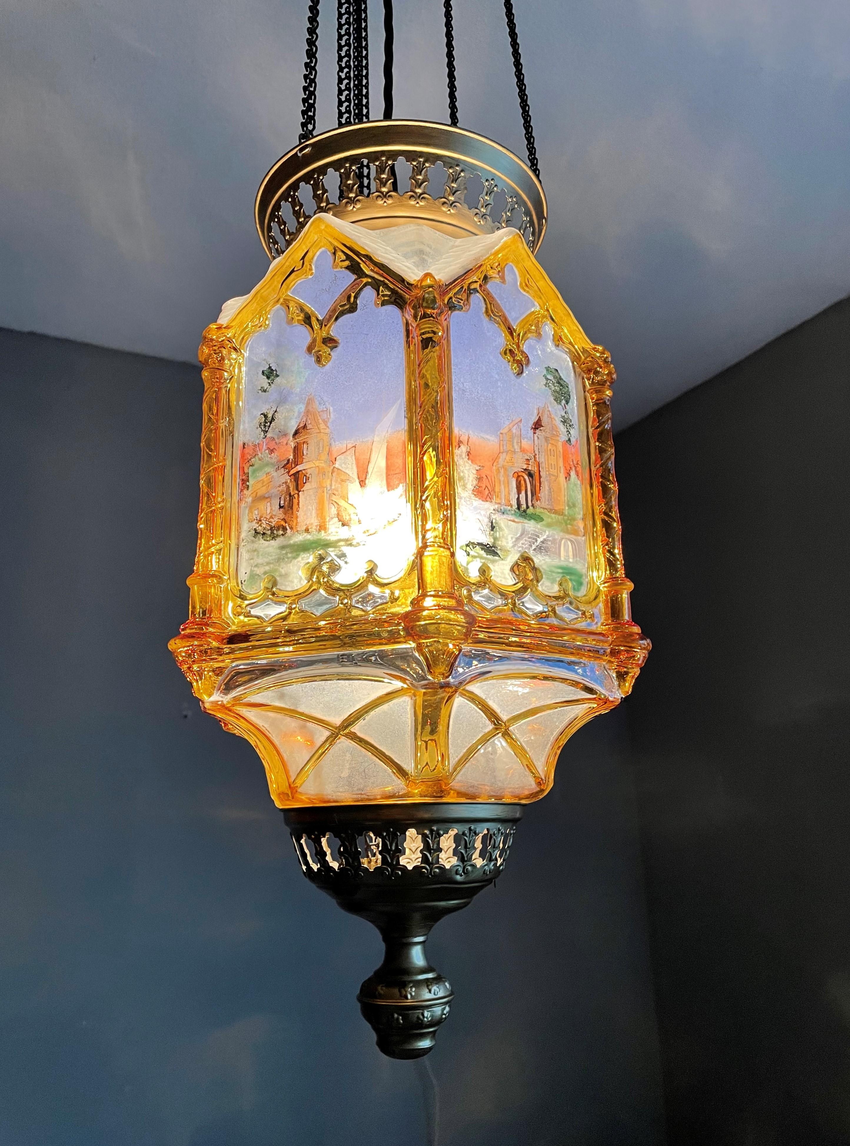 Gothic Revival Medieval Style, Hand Painted Amber Color Glass Lantern / Pendant 10
