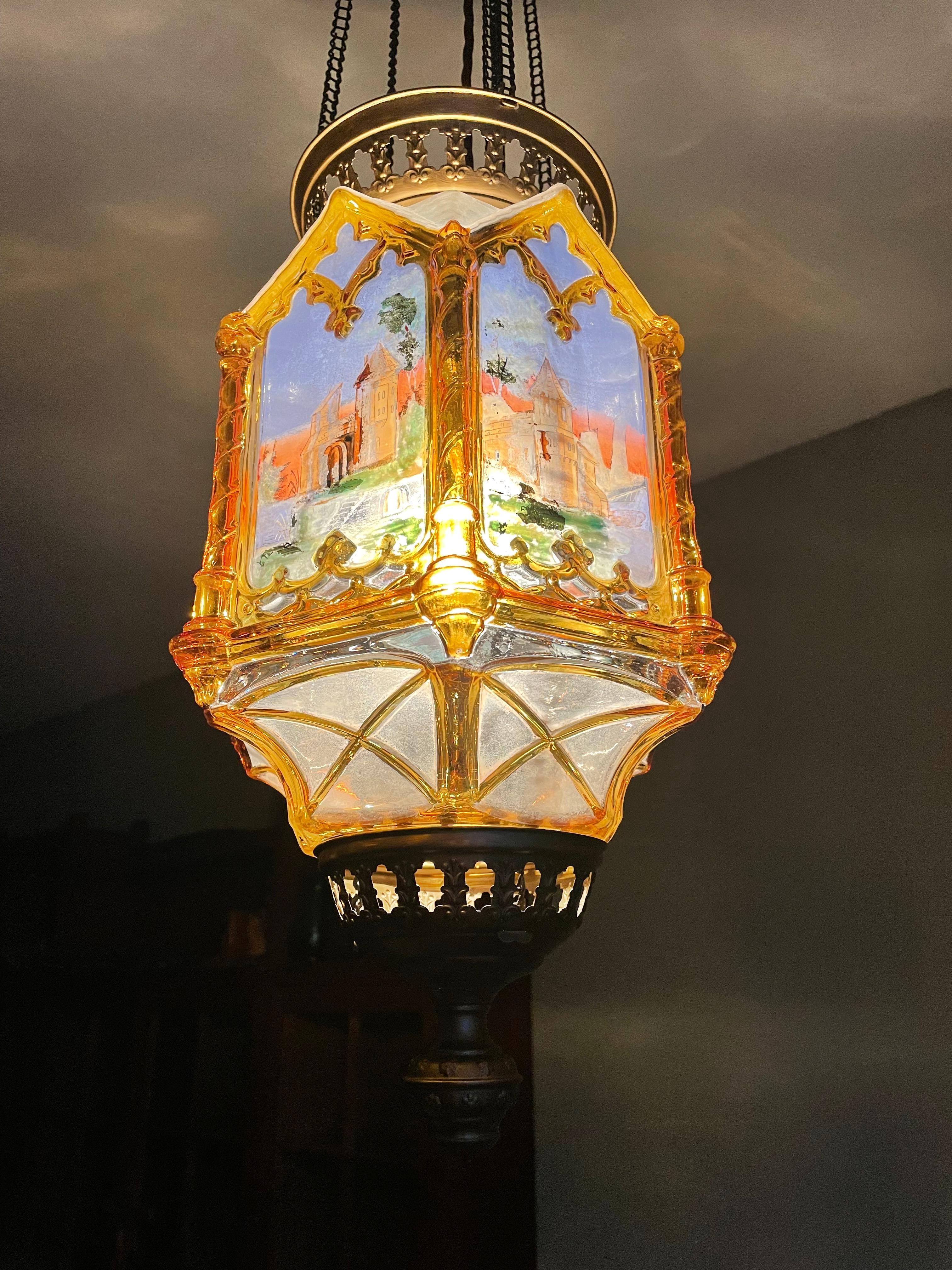 Gothic Revival Medieval Style, Hand Painted Amber Color Glass Lantern / Pendant 11