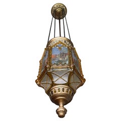 Gothic Revival Medieval Style, Hand Painted Amber Color Glass Lantern / Pendant