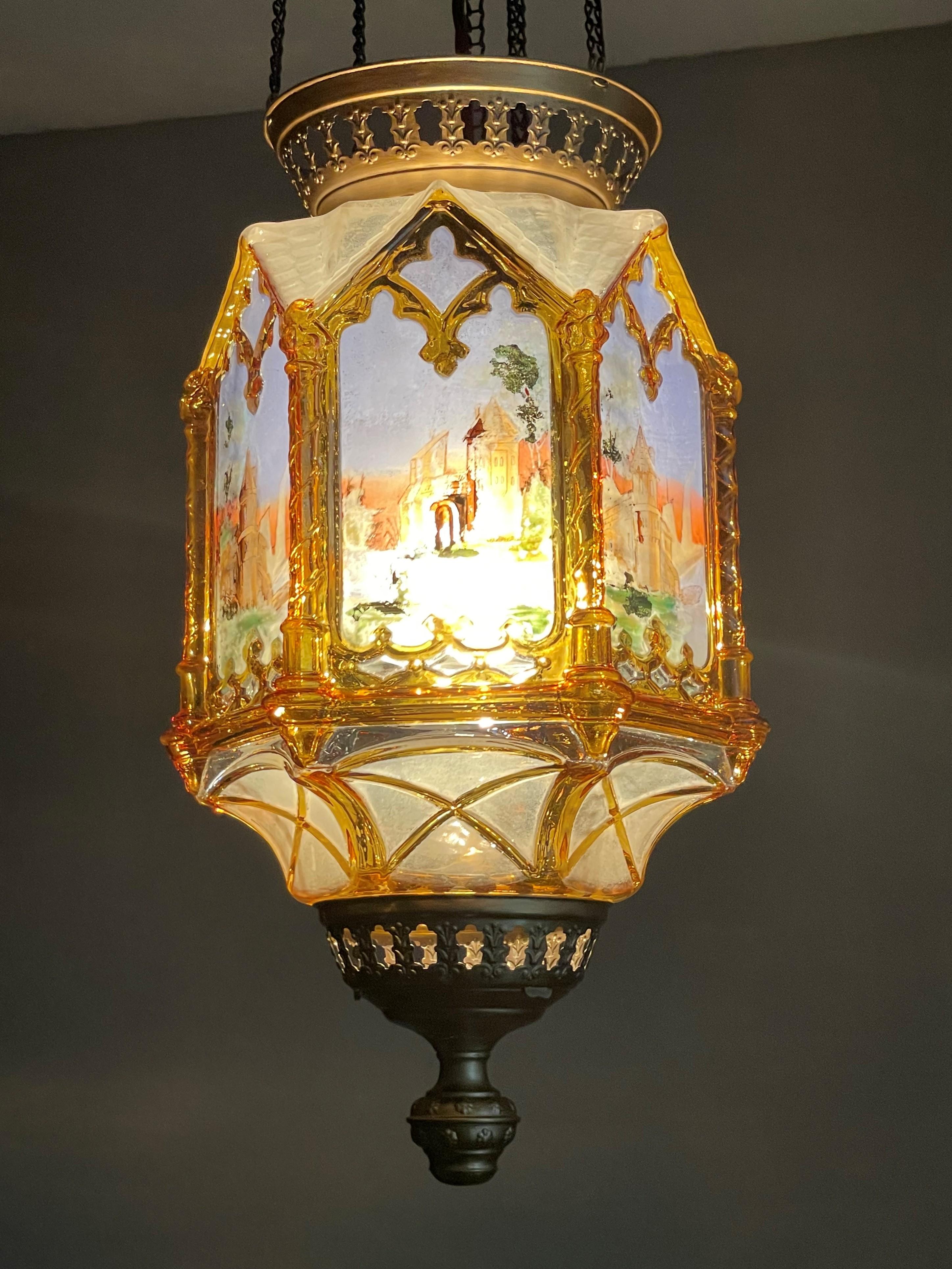 Gothic Revival Medieval Style, Hand Painted Amber Color Glass Lantern / Pendant 12