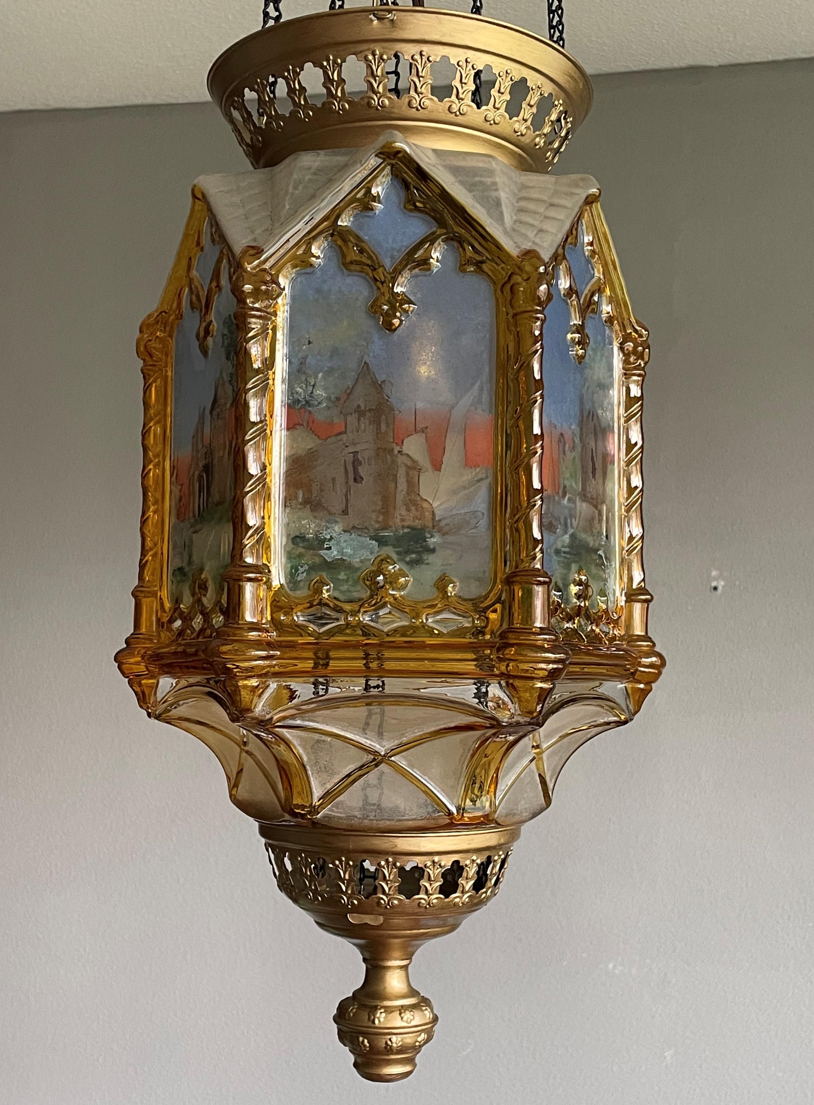 European Gothic Revival Medieval Style, Hand Painted Amber Color Glass Lantern / Pendant