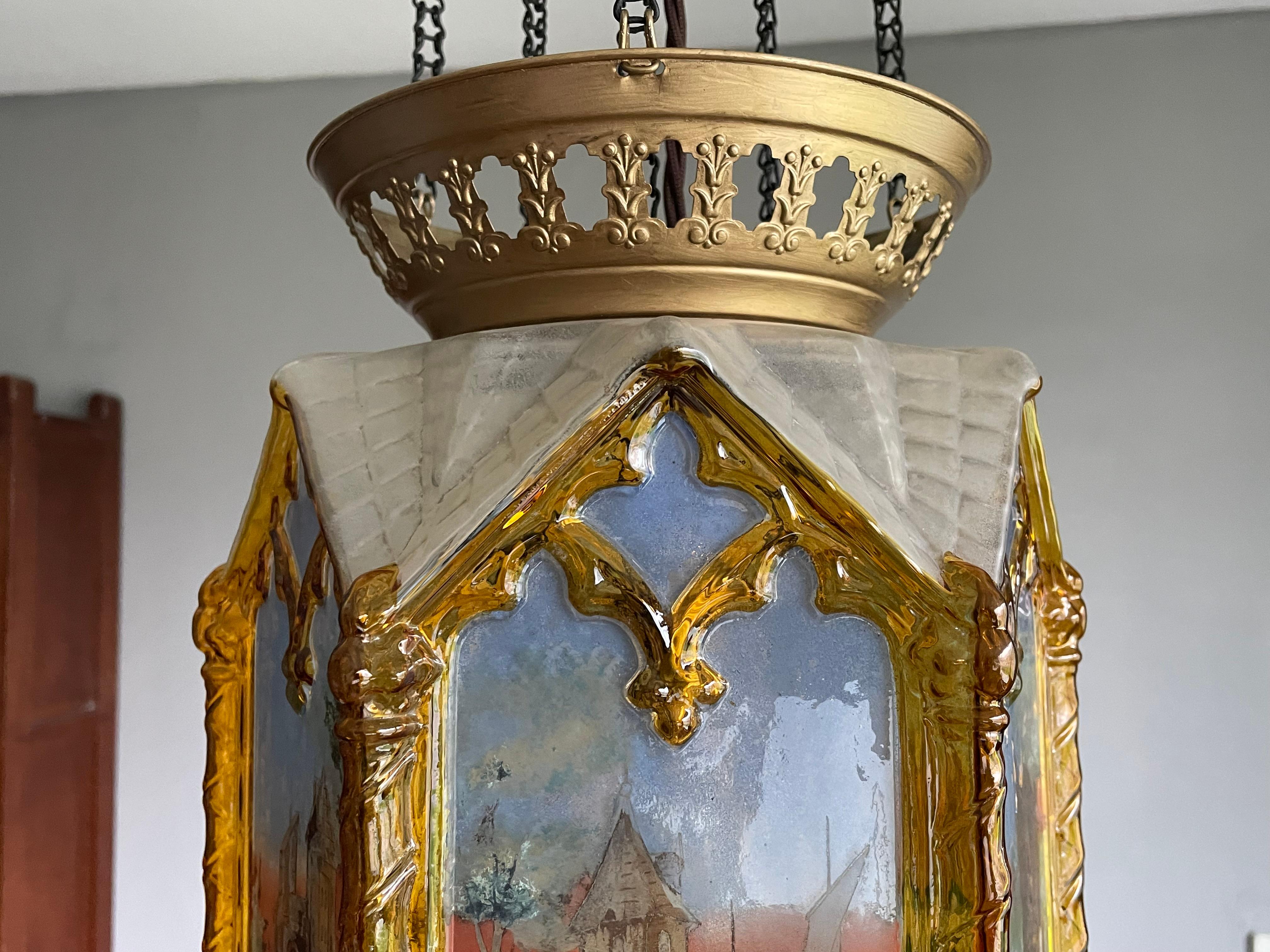 Gothic Revival Medieval Style, Hand Painted Amber Color Glass Lantern / Pendant In Good Condition In Lisse, NL