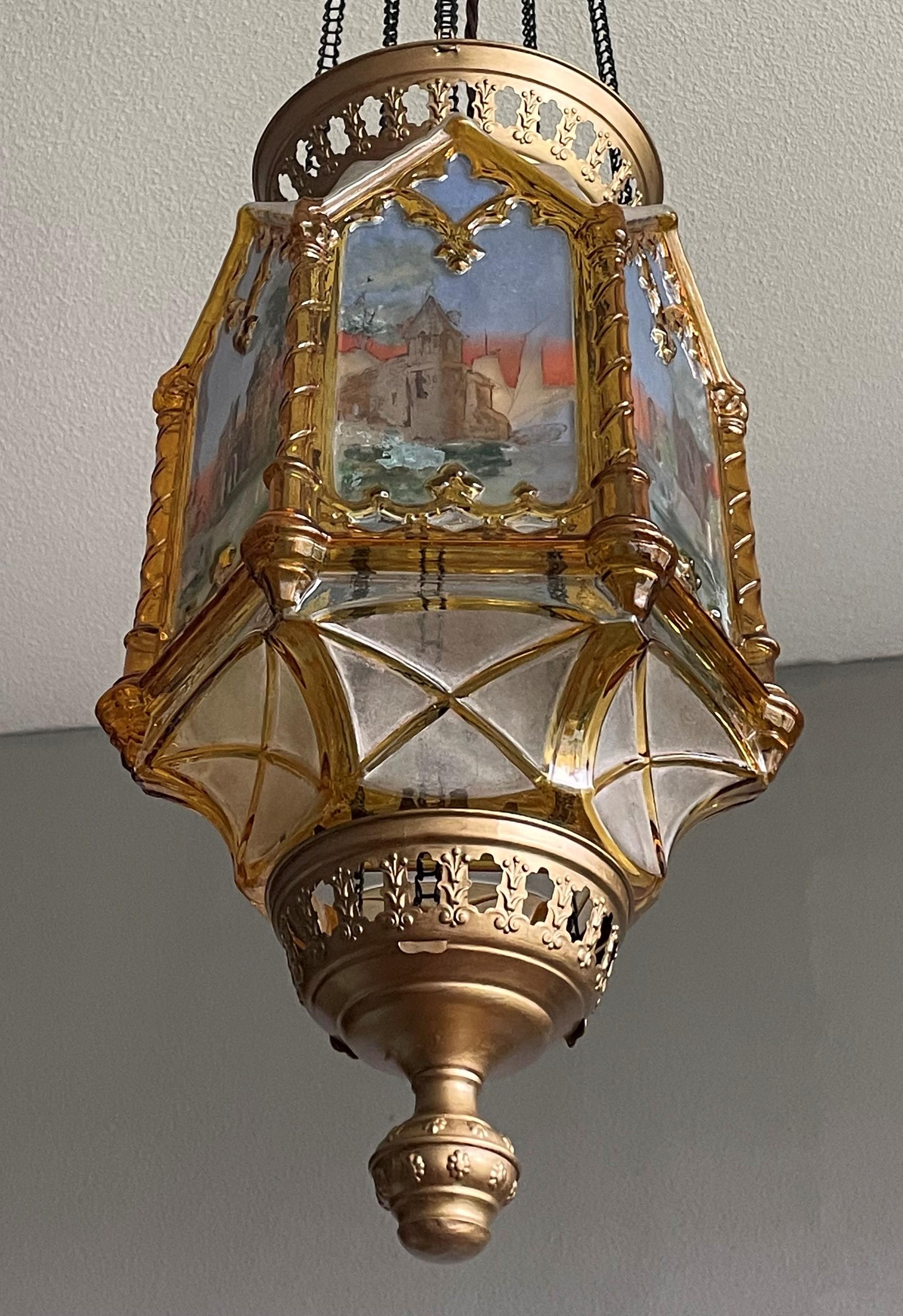 Brass Gothic Revival Medieval Style, Hand Painted Amber Color Glass Lantern / Pendant