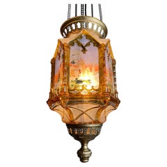 Antique Gothic Revival Medieval Style, Hand Painted Amber Color Glass Lantern / Pendant