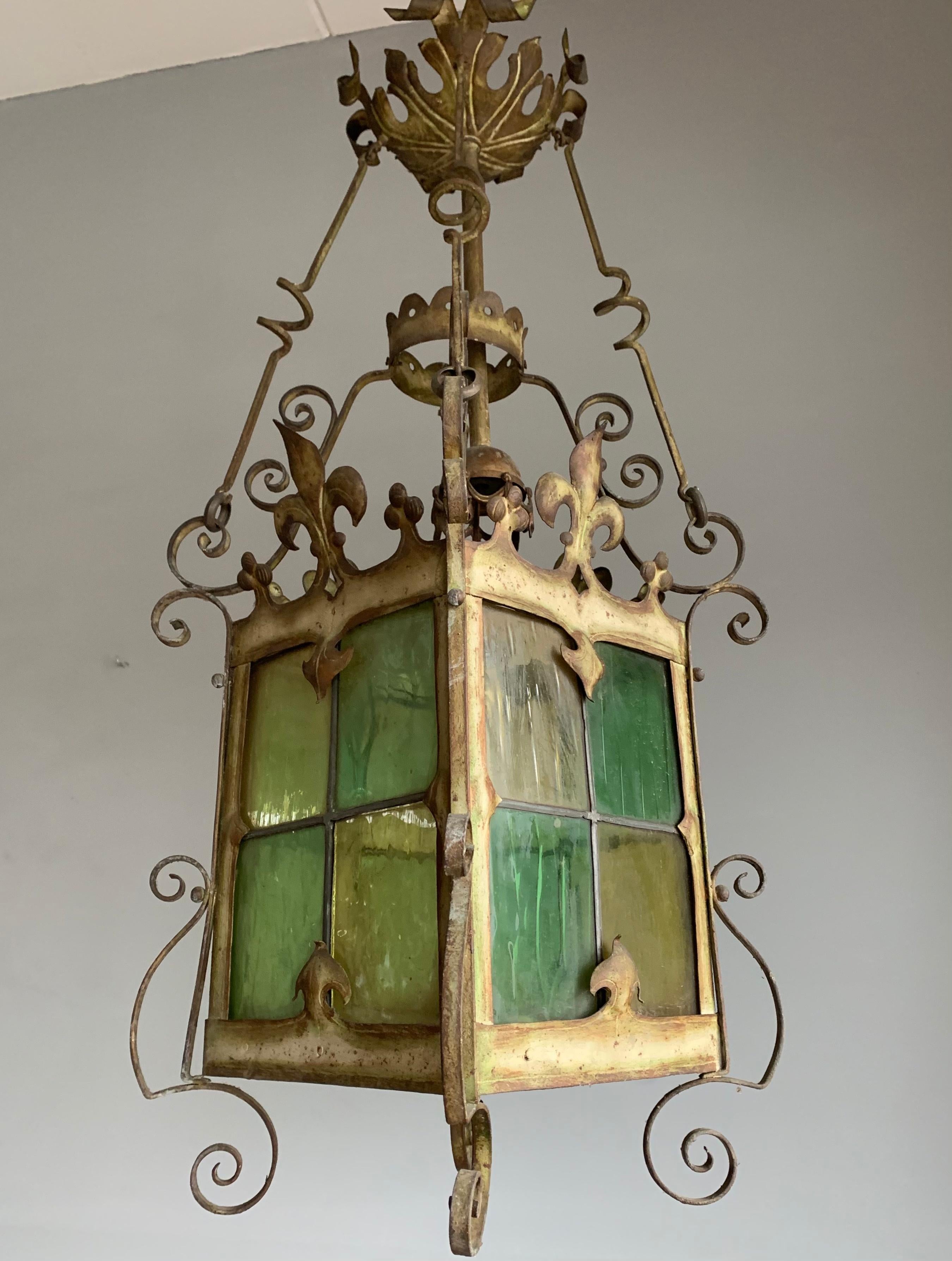 Extra Large Antique Gothic / Medieval Style Wrought Iron & Glass Art Lantern For Sale 5