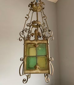 Extra Large Antique Gothic / Medieval Style Wrought Iron & Glass Art Lantern