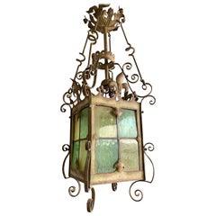 Extra Large Antique Gothic / Medieval Style Wrought Iron & Glass Art Lantern