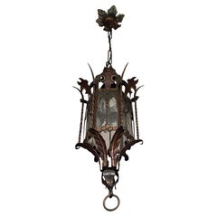 Gothic Revival Medieval Style, Polychrome Wrought Iron & Cathedral Glass Lantern