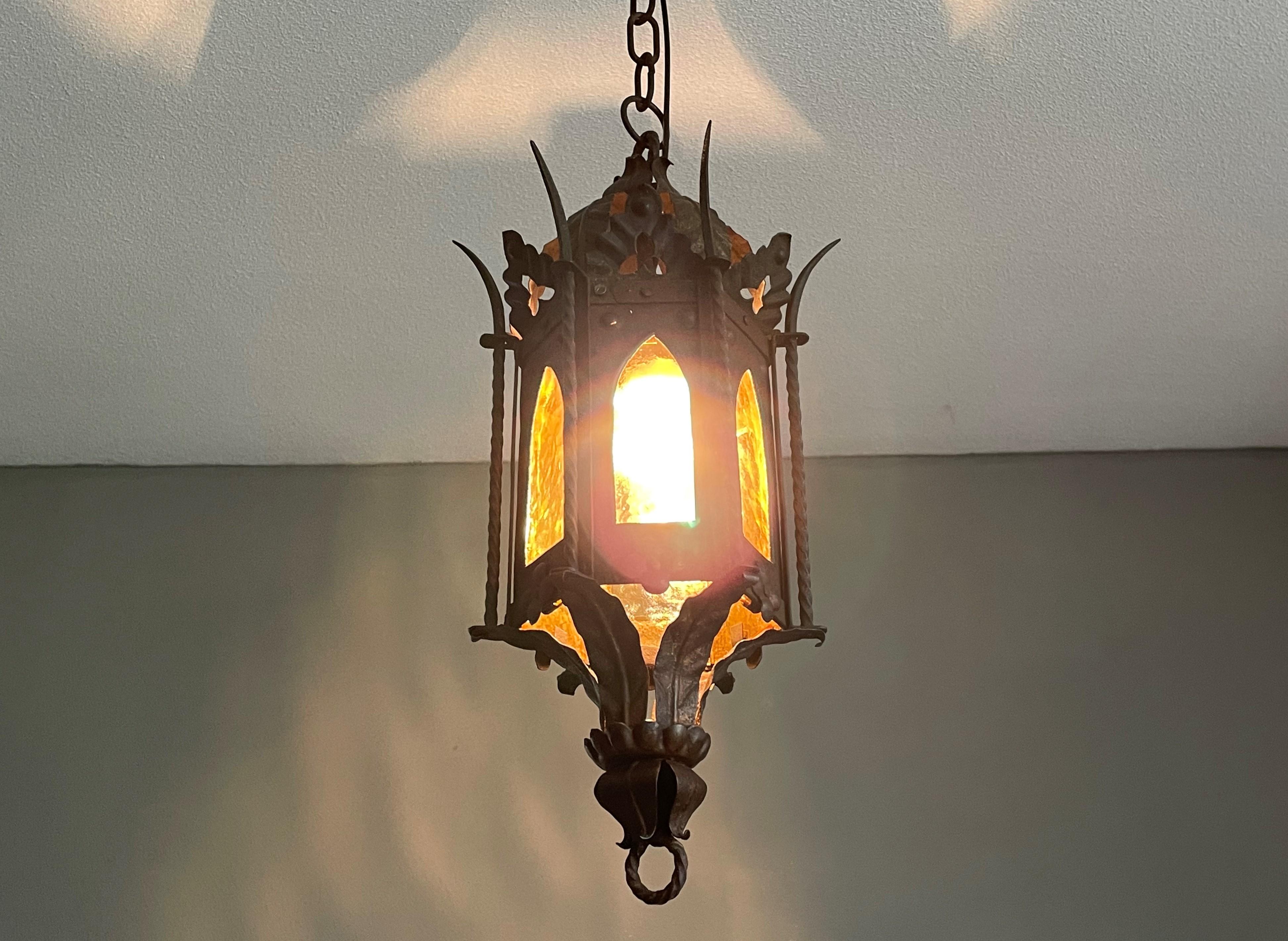 Gothic Revival Medieval Style, Small Size Wrought Iron & Cathedral Glass Lantern For Sale 1