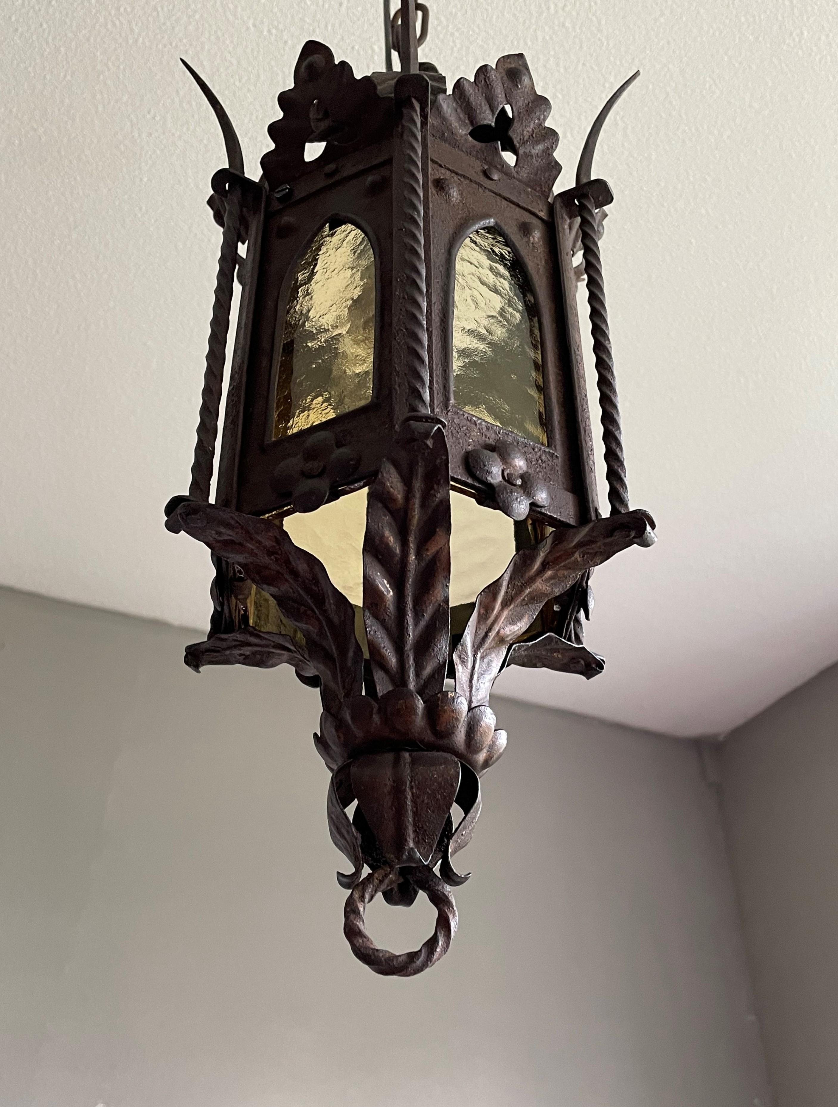 Gothic Revival Medieval Style, Small Size Wrought Iron & Cathedral Glass Lantern For Sale 2