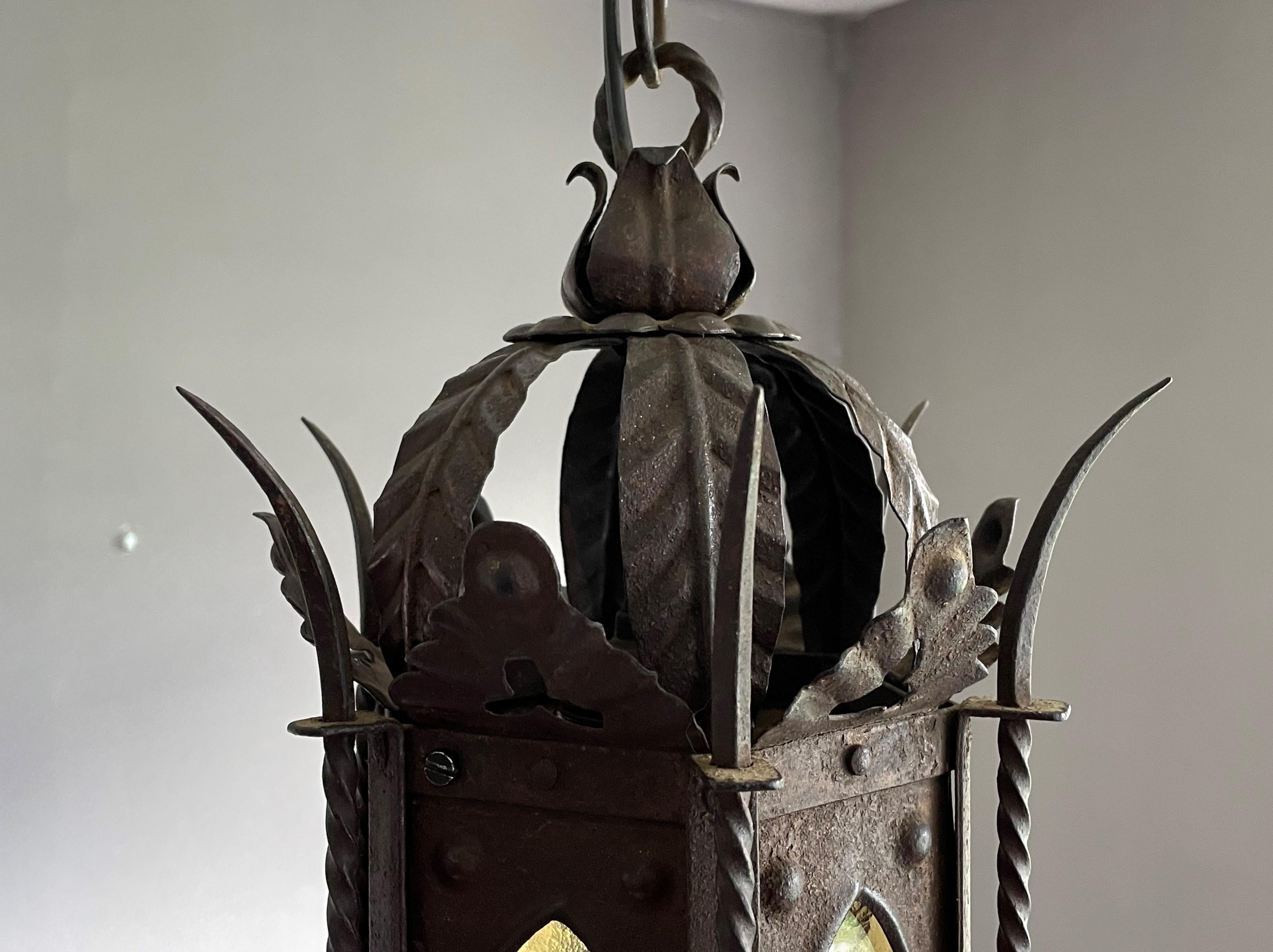 Gothic Revival Medieval Style, Small Size Wrought Iron & Cathedral Glass Lantern For Sale 4