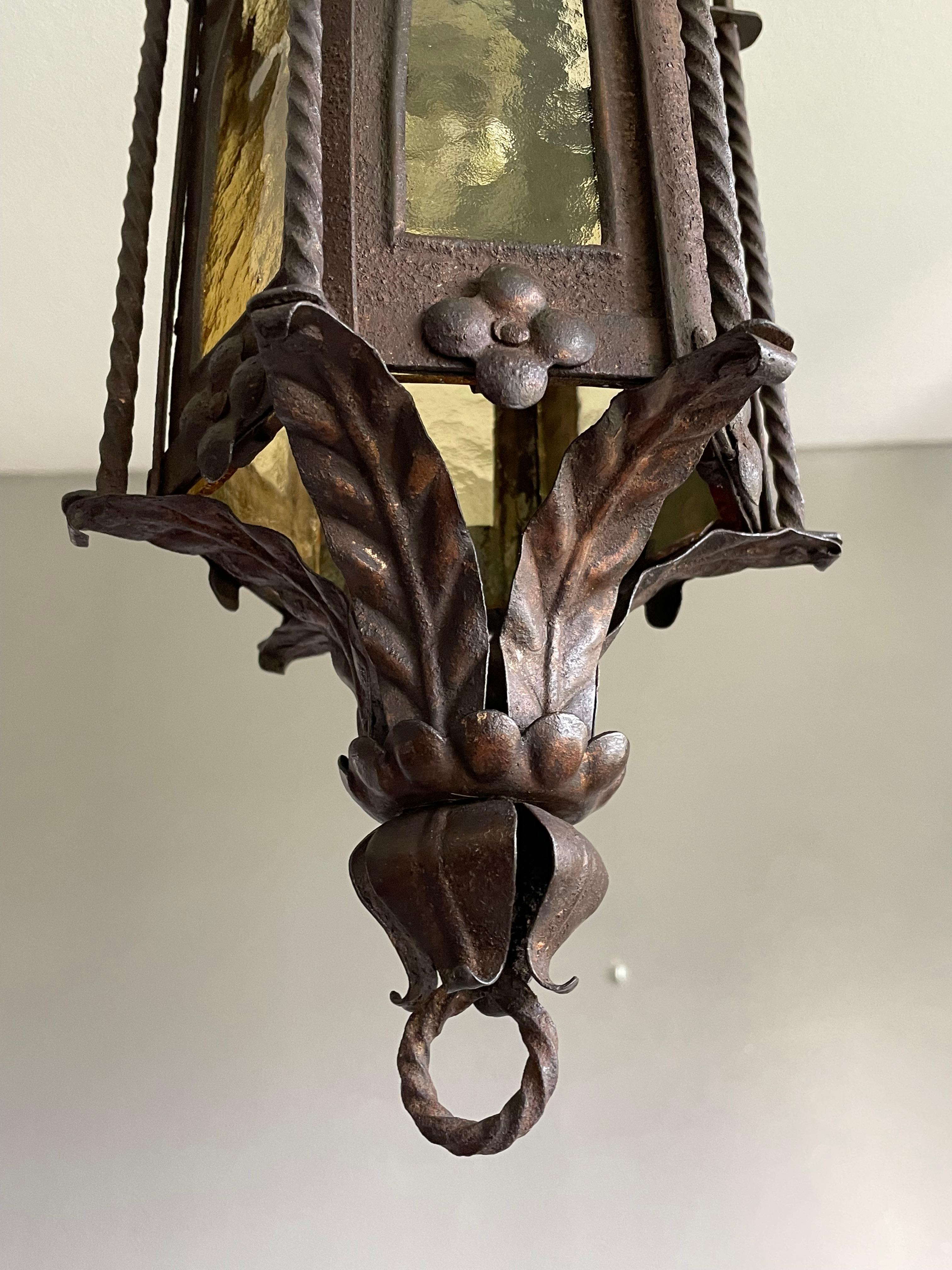 Gothic Revival Medieval Style, Small Size Wrought Iron & Cathedral Glass Lantern For Sale 5