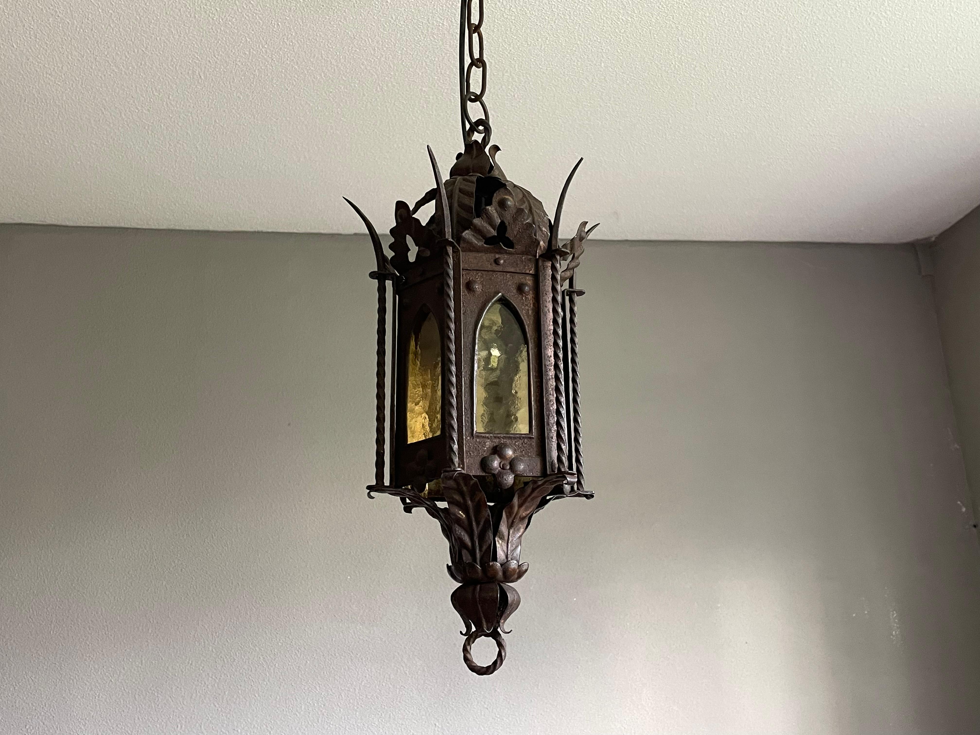 Gothic Revival Medieval Style, Small Size Wrought Iron & Cathedral Glass Lantern For Sale 7