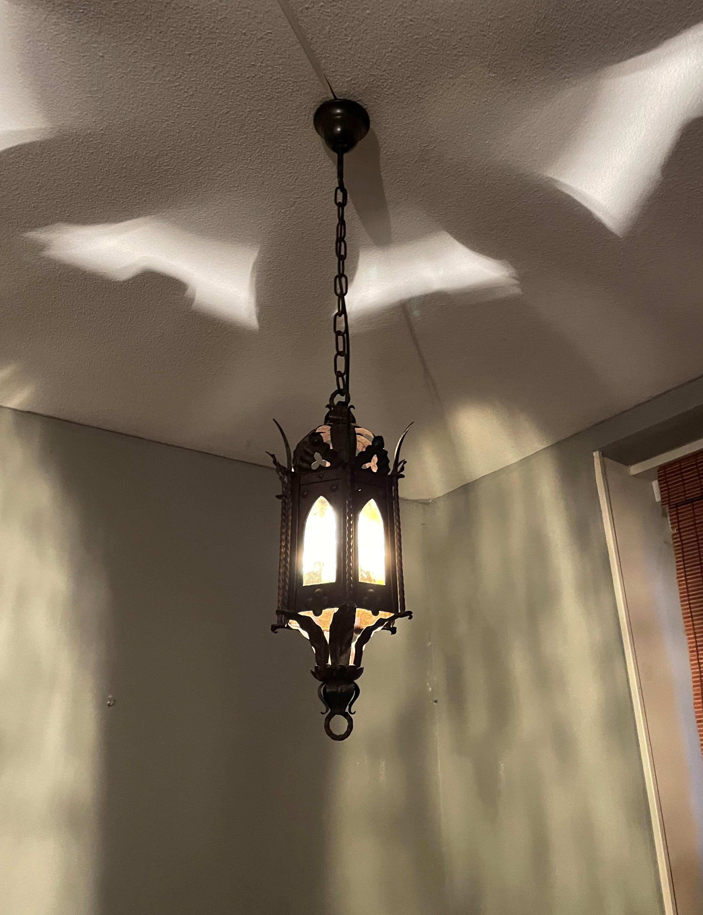 Gothic Revival Medieval Style, Small Size Wrought Iron & Cathedral Glass Lantern 8