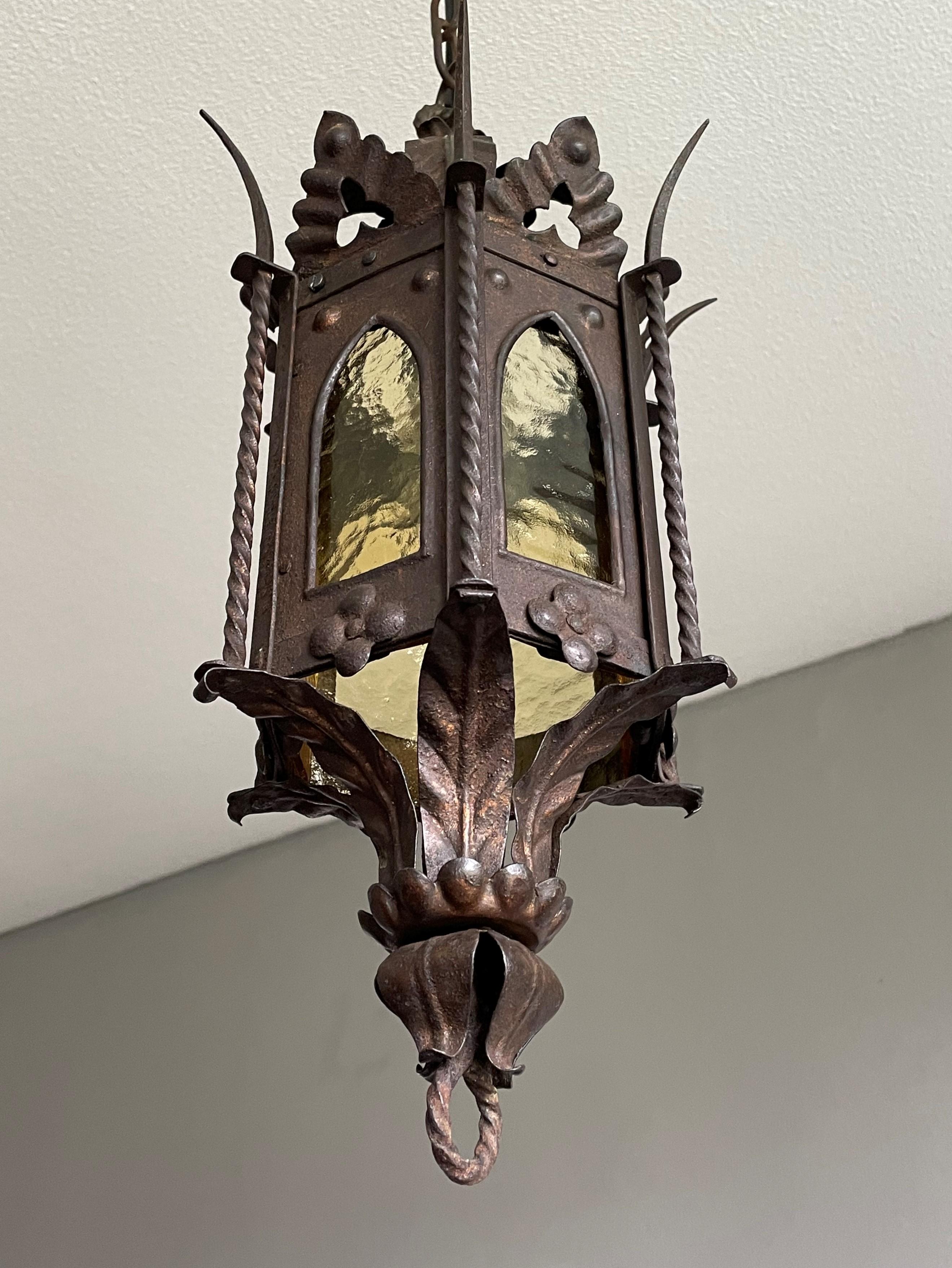 Hammered Gothic Revival Medieval Style, Small Size Wrought Iron & Cathedral Glass Lantern For Sale