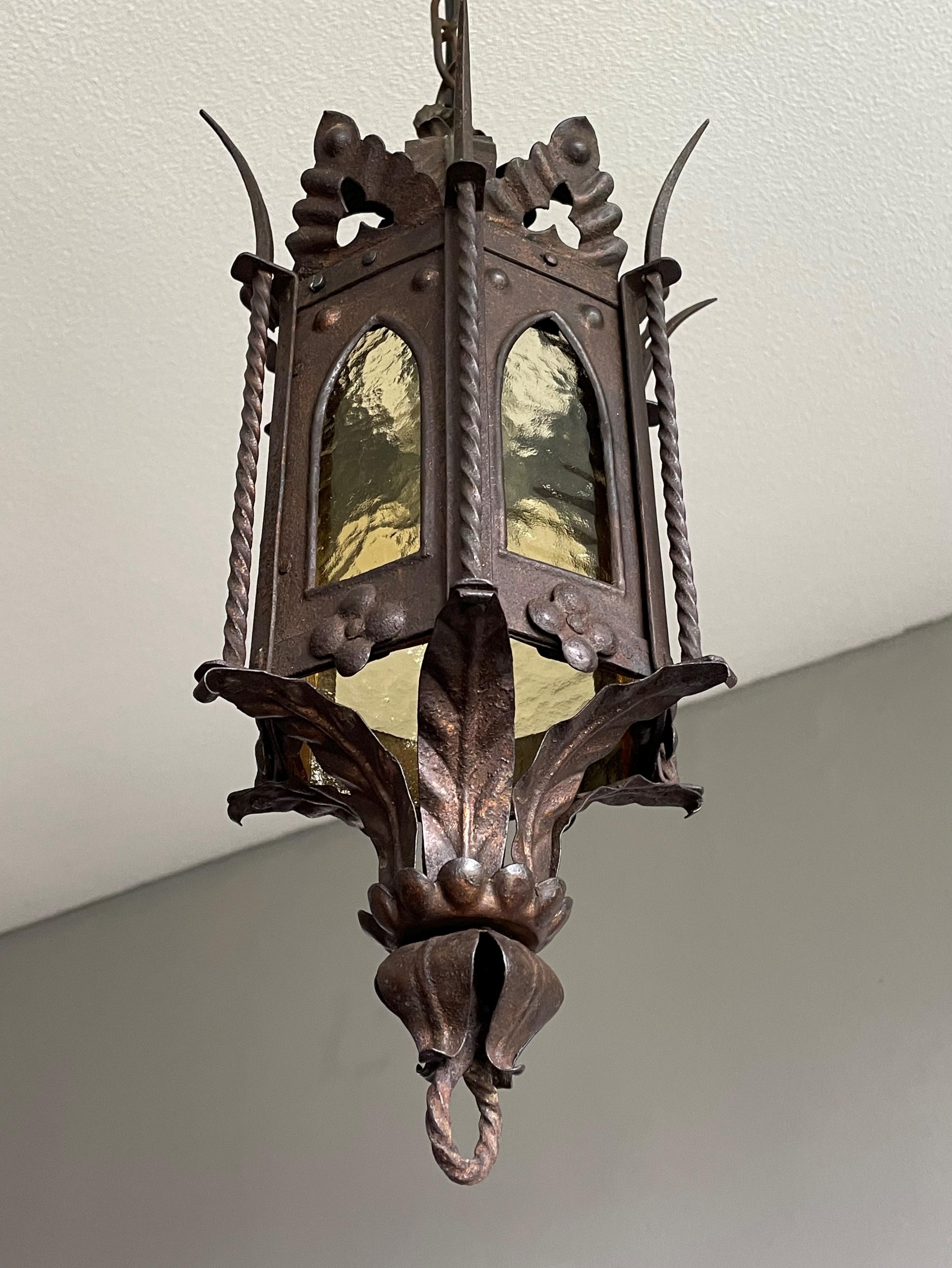 Hammered Gothic Revival Medieval Style, Small Size Wrought Iron & Cathedral Glass Lantern