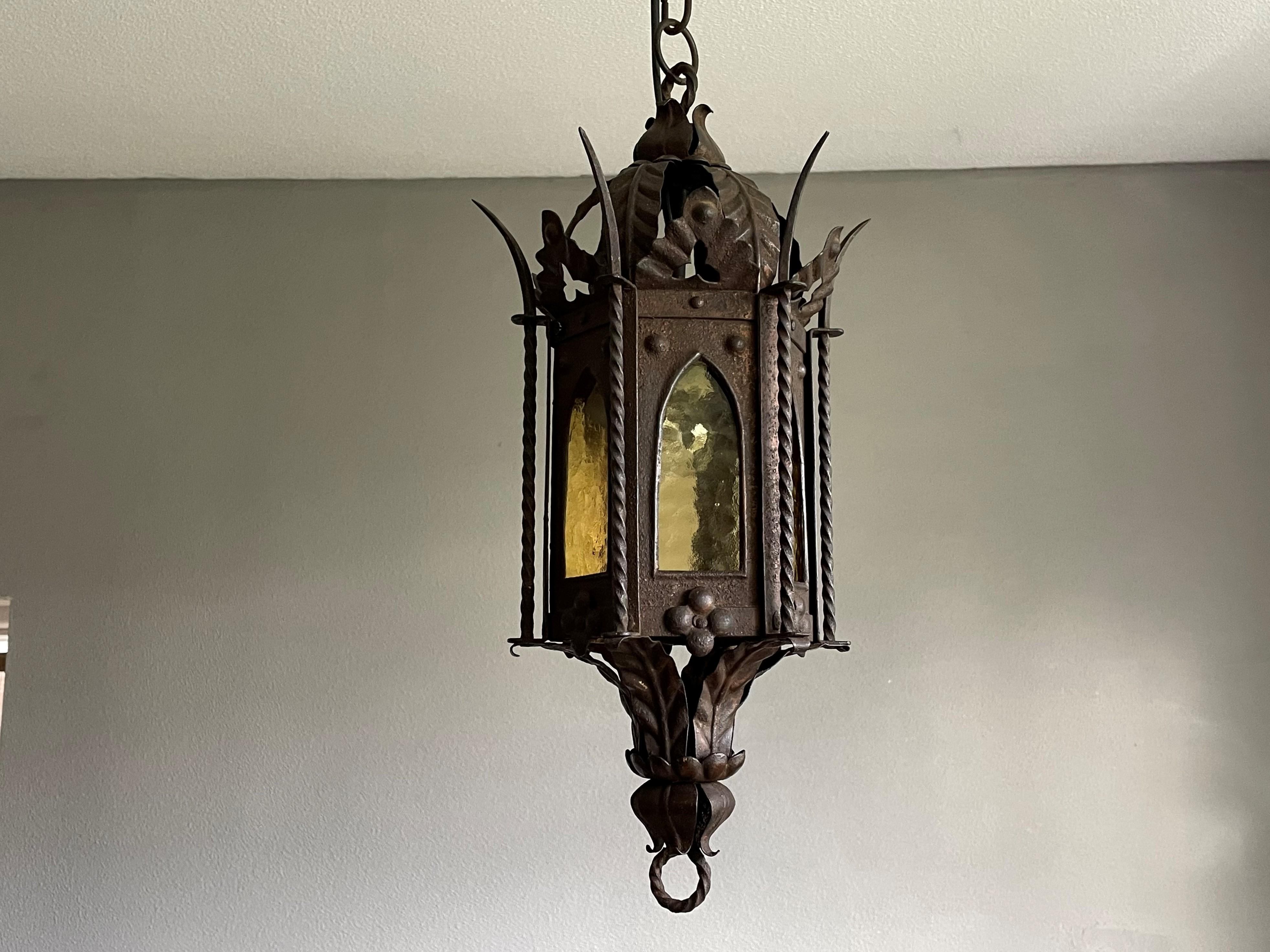 Gothic Revival Medieval Style, Small Size Wrought Iron & Cathedral Glass Lantern In Excellent Condition For Sale In Lisse, NL
