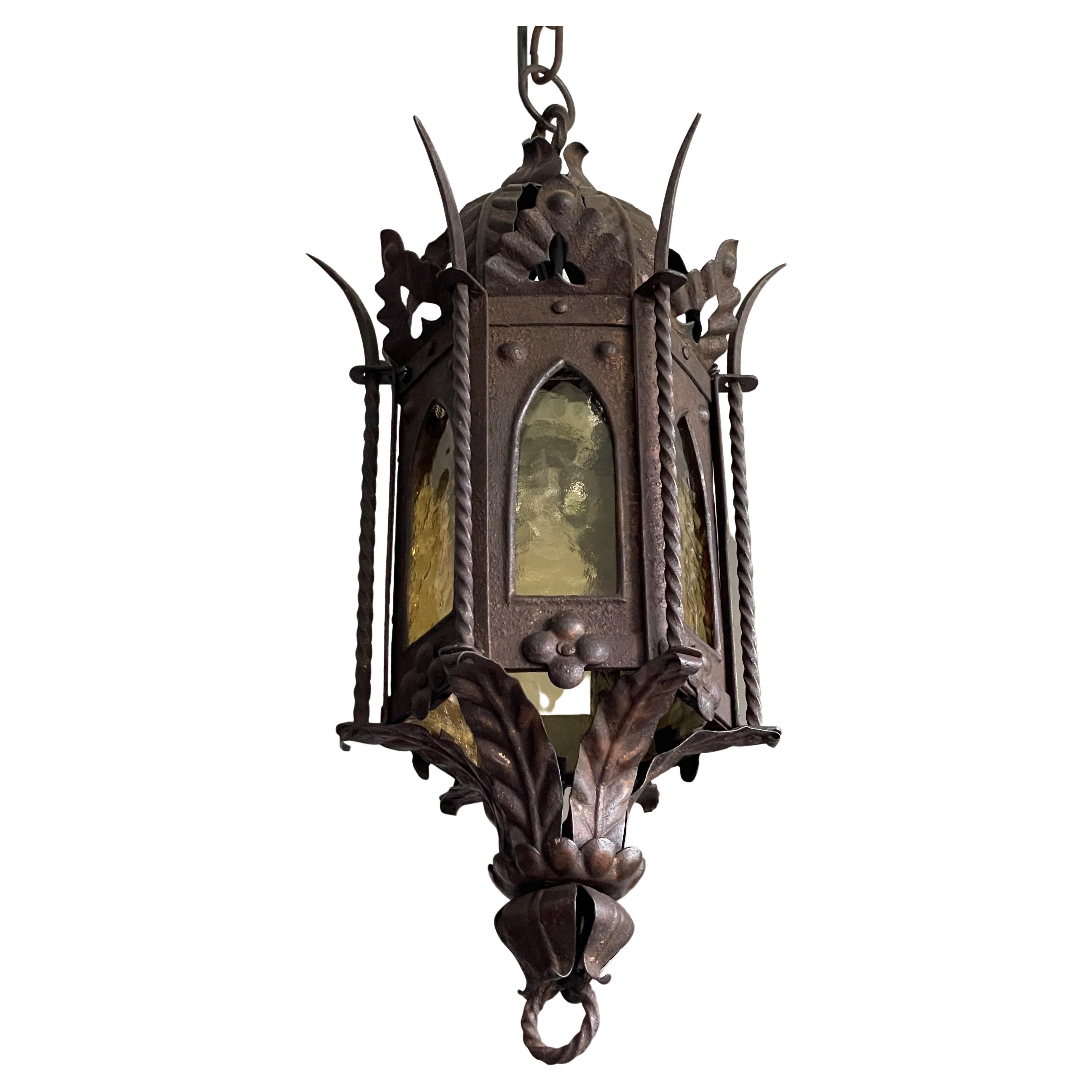 Gothic Revival Medieval Style, Small Size Wrought Iron & Cathedral Glass Lantern For Sale