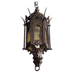 Gothic Revival Medieval Style, Small Size Wrought Iron & Cathedral Glass Lantern