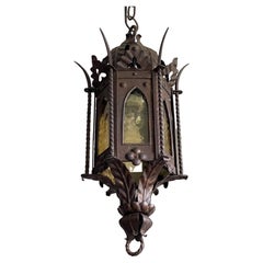 Vintage Gothic Revival Medieval Style, Small Size Wrought Iron & Cathedral Glass Lantern