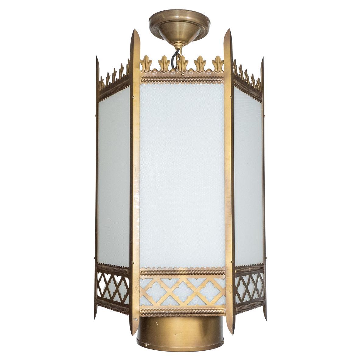 Gothic Revival Metal and Glass "Fleur" Motif Lantern Style Pendant