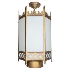 Gothic Revival Metal and Glass "Fleur" Motif Lantern Style Pendant