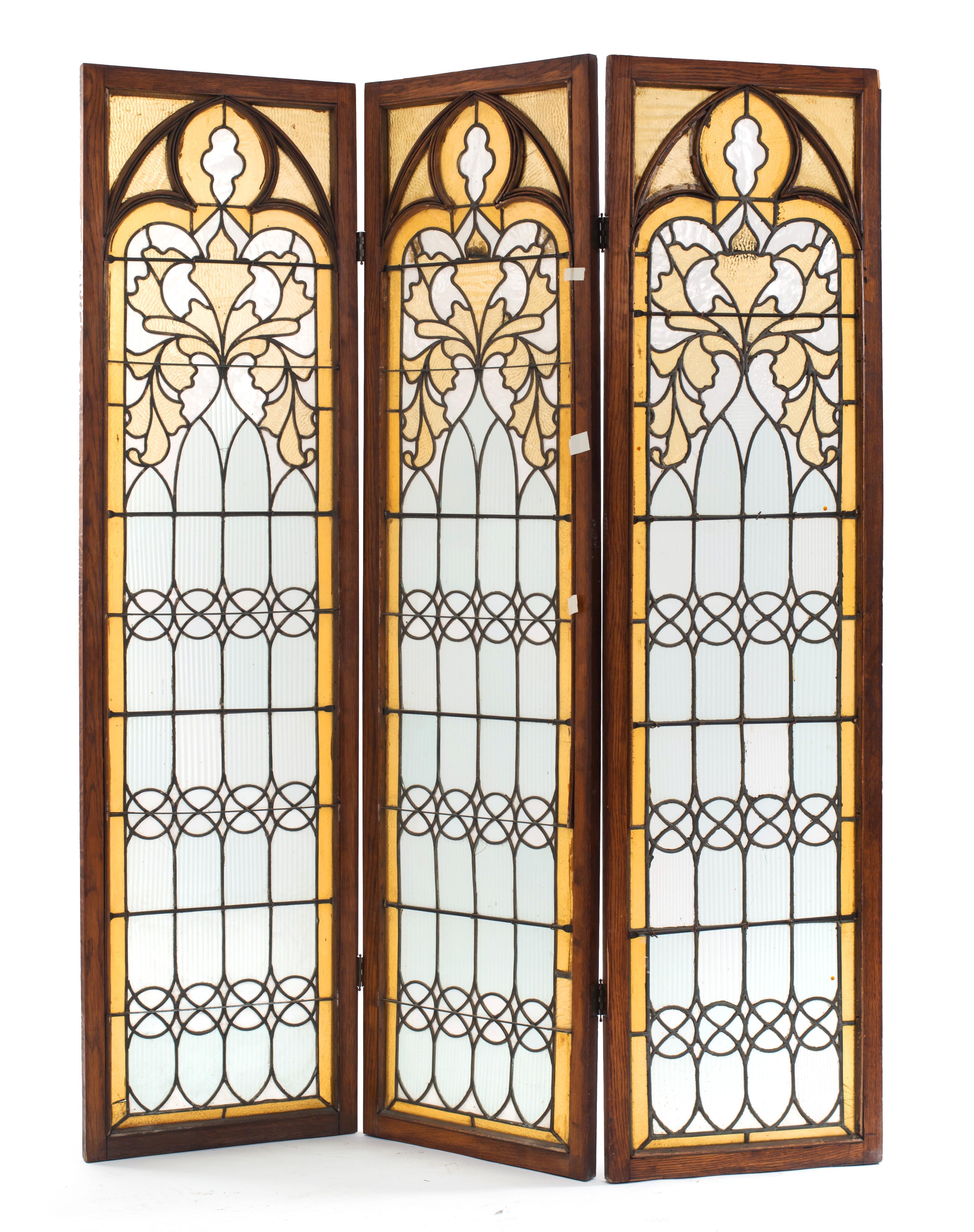 Stained Gothic Revival Oak 3-Fold Screen with Stain Glass Panels For Sale