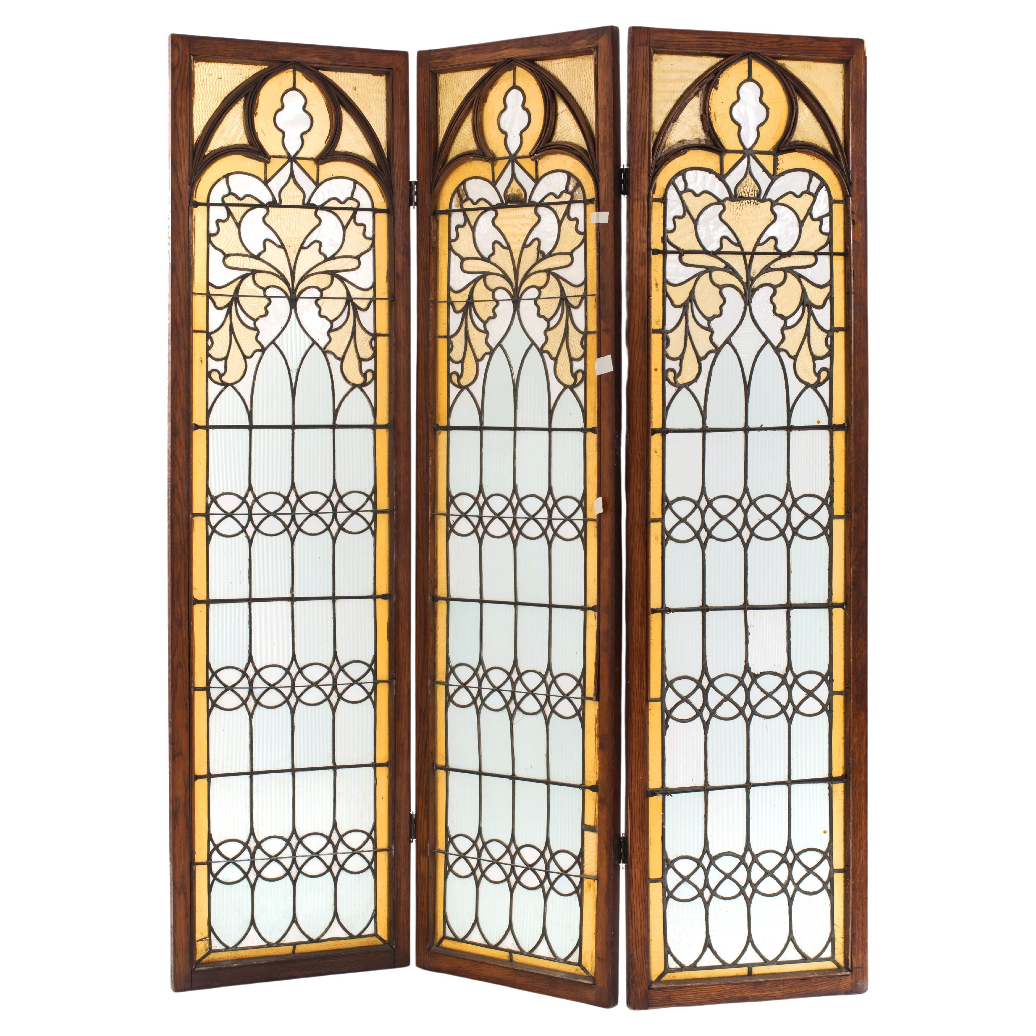 Gothic Revival Oak 3-Fold Screen with Stain Glass Panels