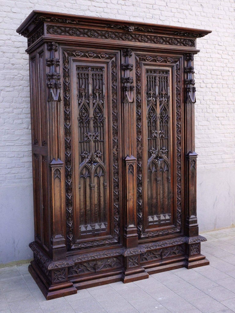 Gothic Revival Oak Armoire in the Spirit of Violettleduc For Sale at
